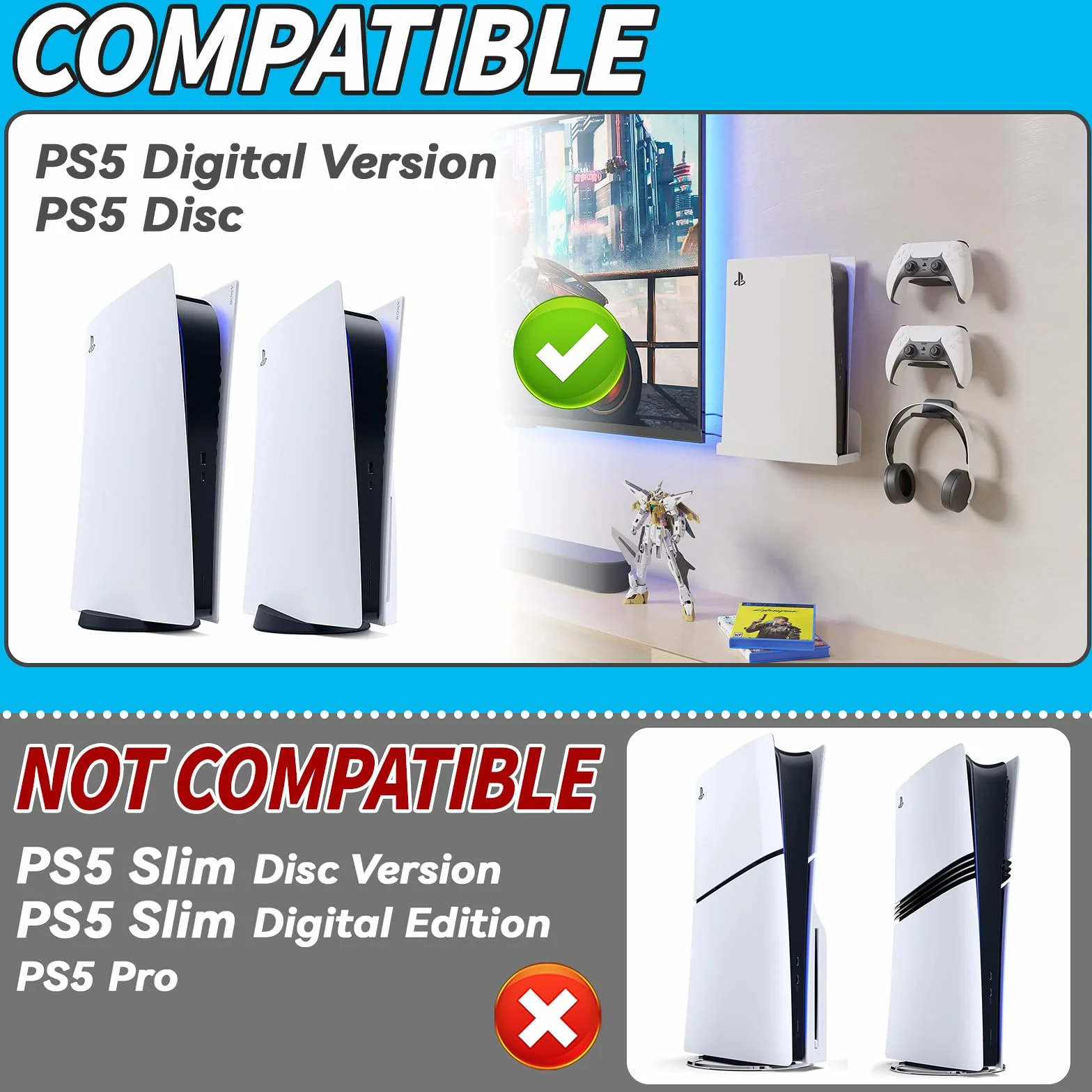 sciuU Uchwyt ścienny kompatybilny z PS5 Playstation 5, 2 mm, super twardy pogrubiony metal, uchwyt stojak, akcesoria do konsoli PS5 Standard Disc / Digital Edition, biały