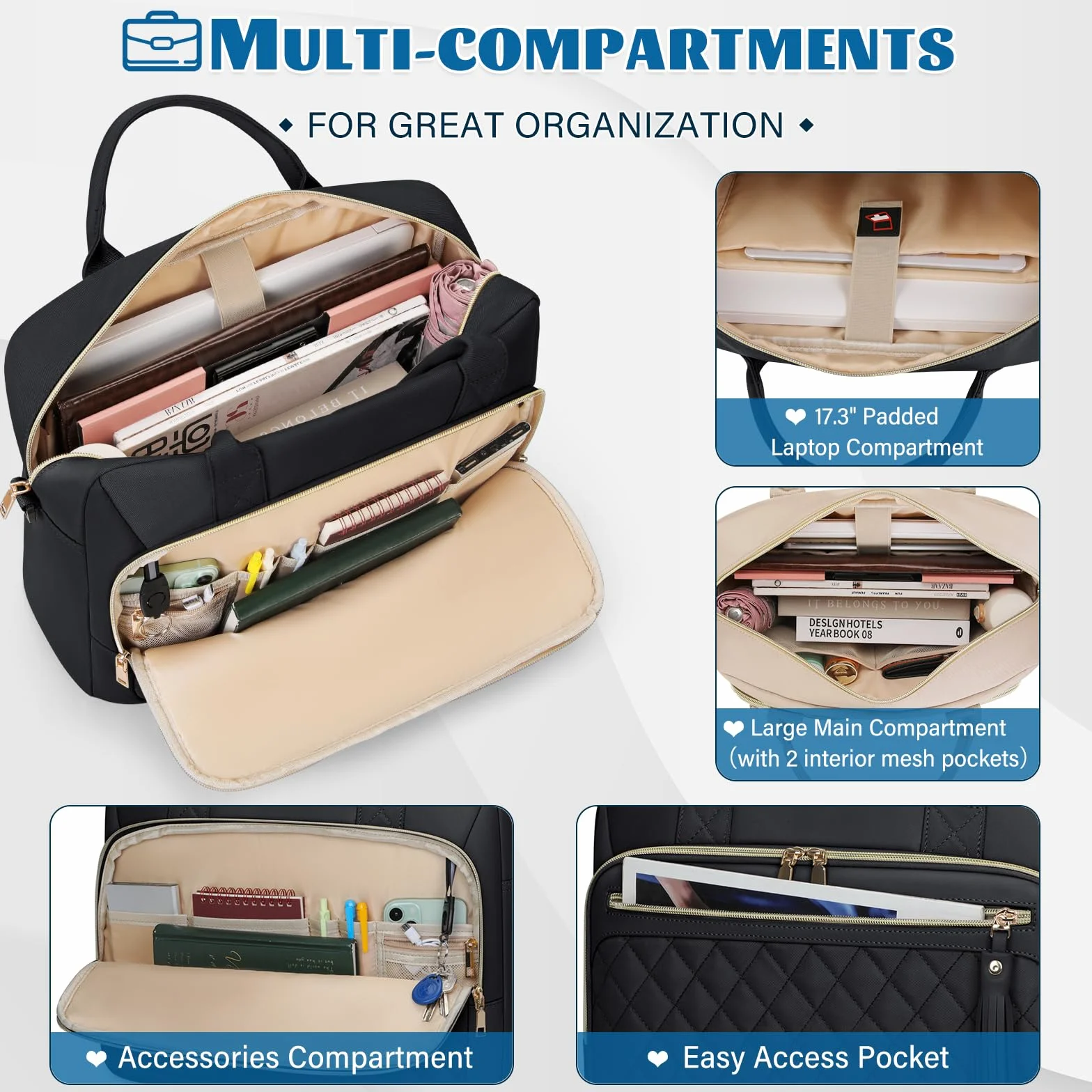 RAINSMORE Damska torba na laptopa o przekątnej ekranu 17,3", aktówka, wodoszczelna torba robocza, torba nauczycielska, biznesowa, na laptopa, notebooka, torba damska na ramię