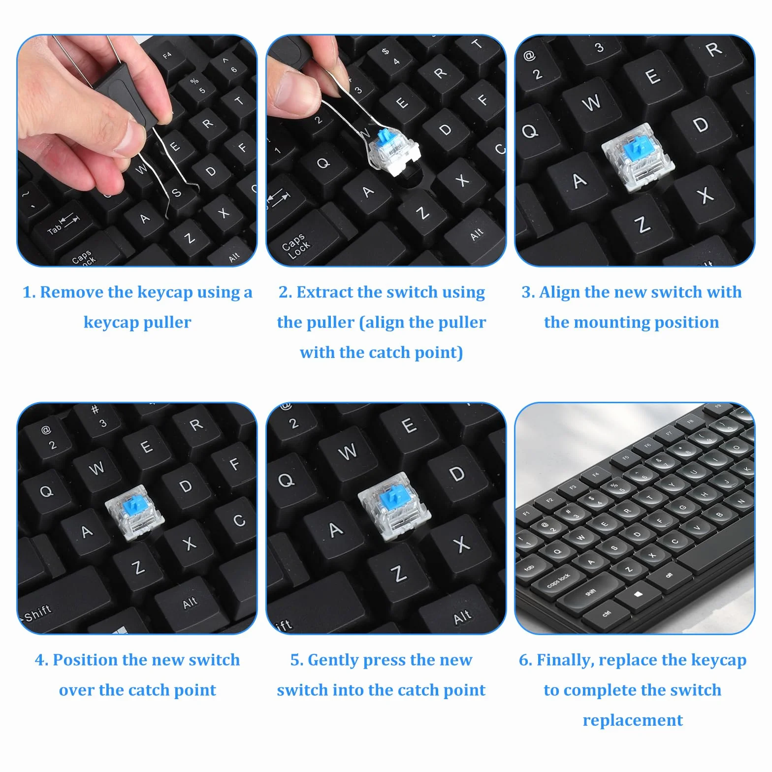 20 sztuk przełączników klawiatury Hot-Swap Blue Switches, klawiatura z 1 ściągaczem wału, kompatybilna klawiatura mechaniczna, przełącznik zastępczy do gier, do biura i klawiatur RGB