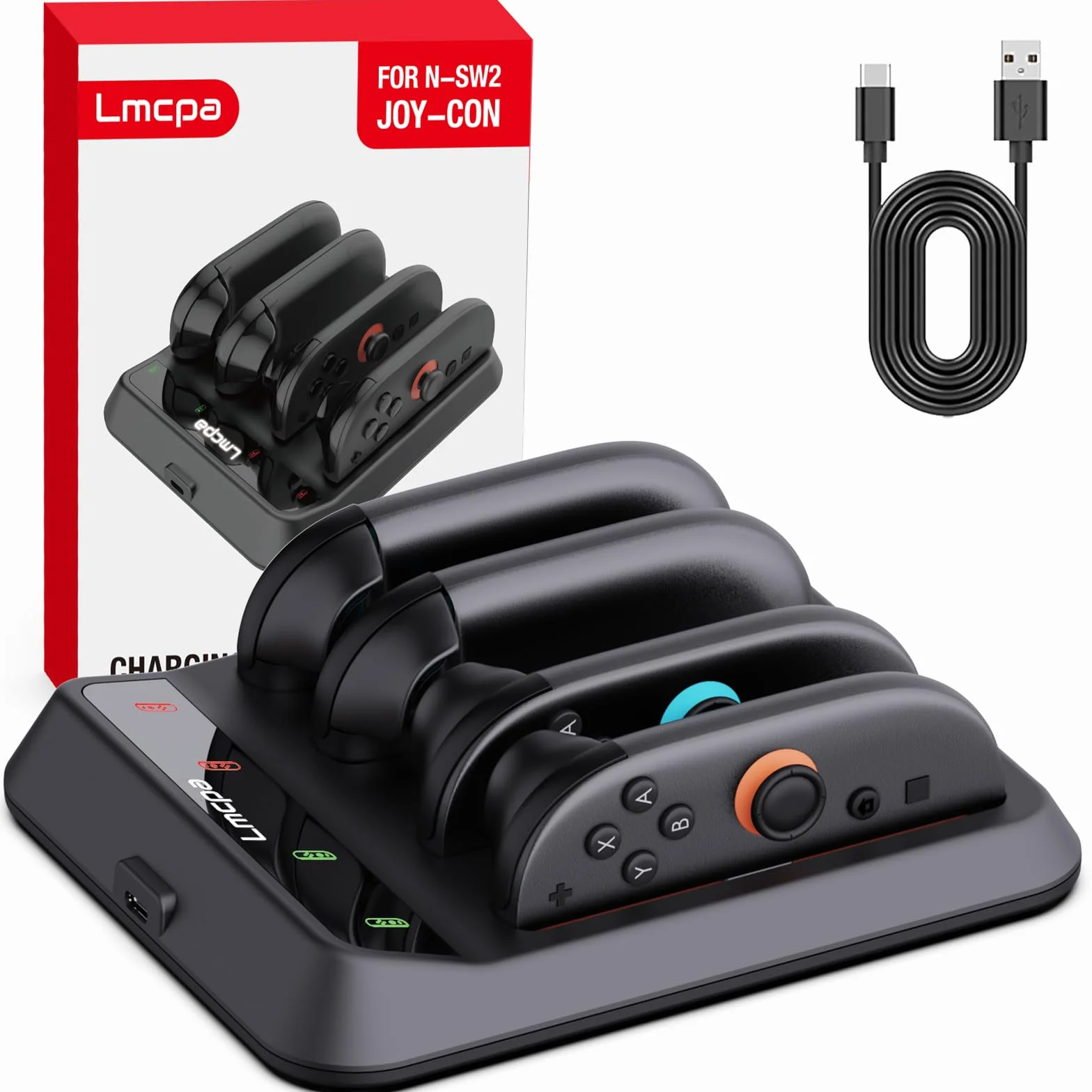 Lmcpa Stacja ładująca do Nintendo Switch 2 Joy Con, stacja ładująca z kablem ładowarki typu C, stacja ładująca z indywidualnym wskaźnikiem LED, czarna