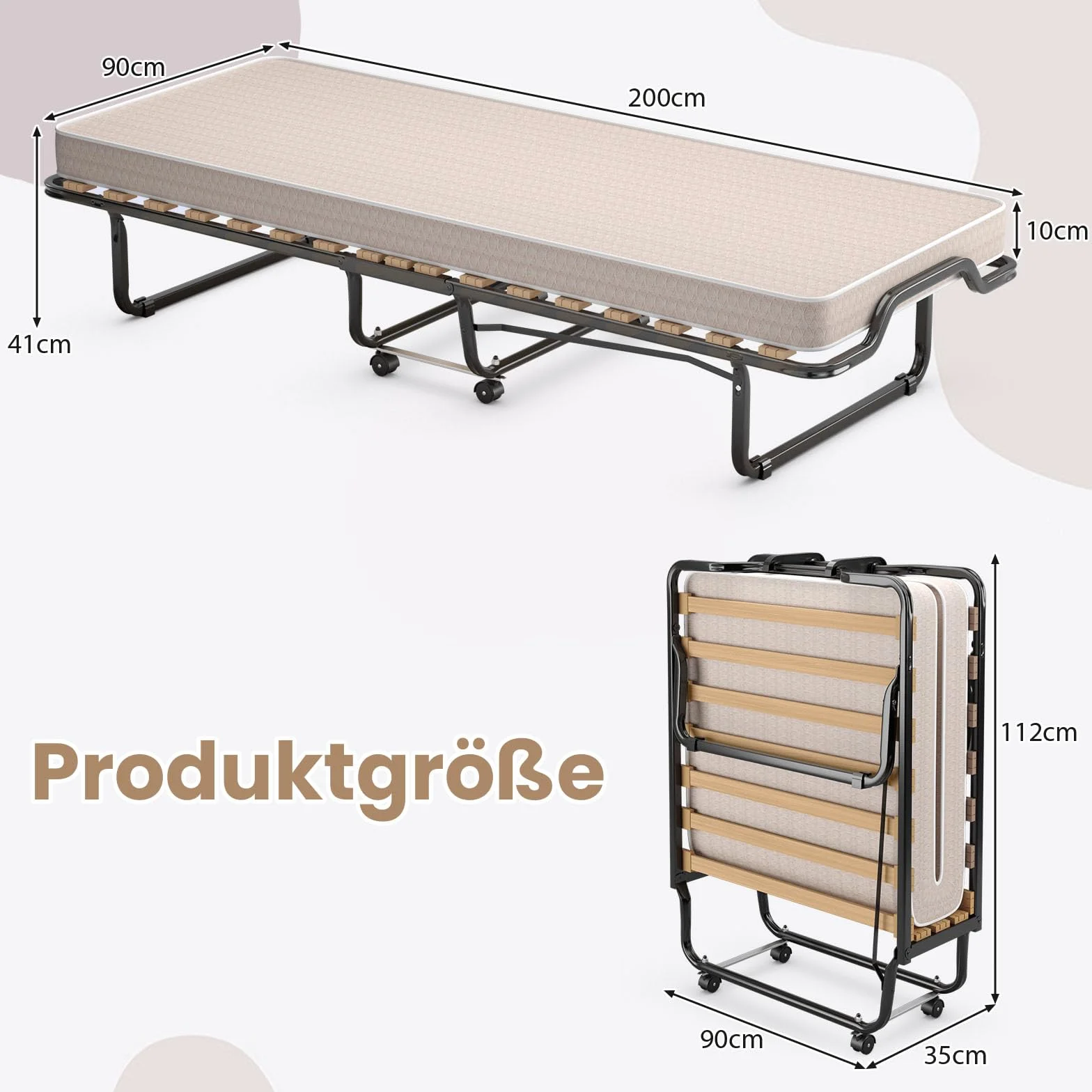 COSTWAY 90 x 200 cm, łóżko dla gości z materacem z pianki, składane łóżko pojedyncze, stabilne metalowe łóżko do 120 kg, składane łóżko na kółkach, składane łóżko na kemping i do pokoju gościnnego