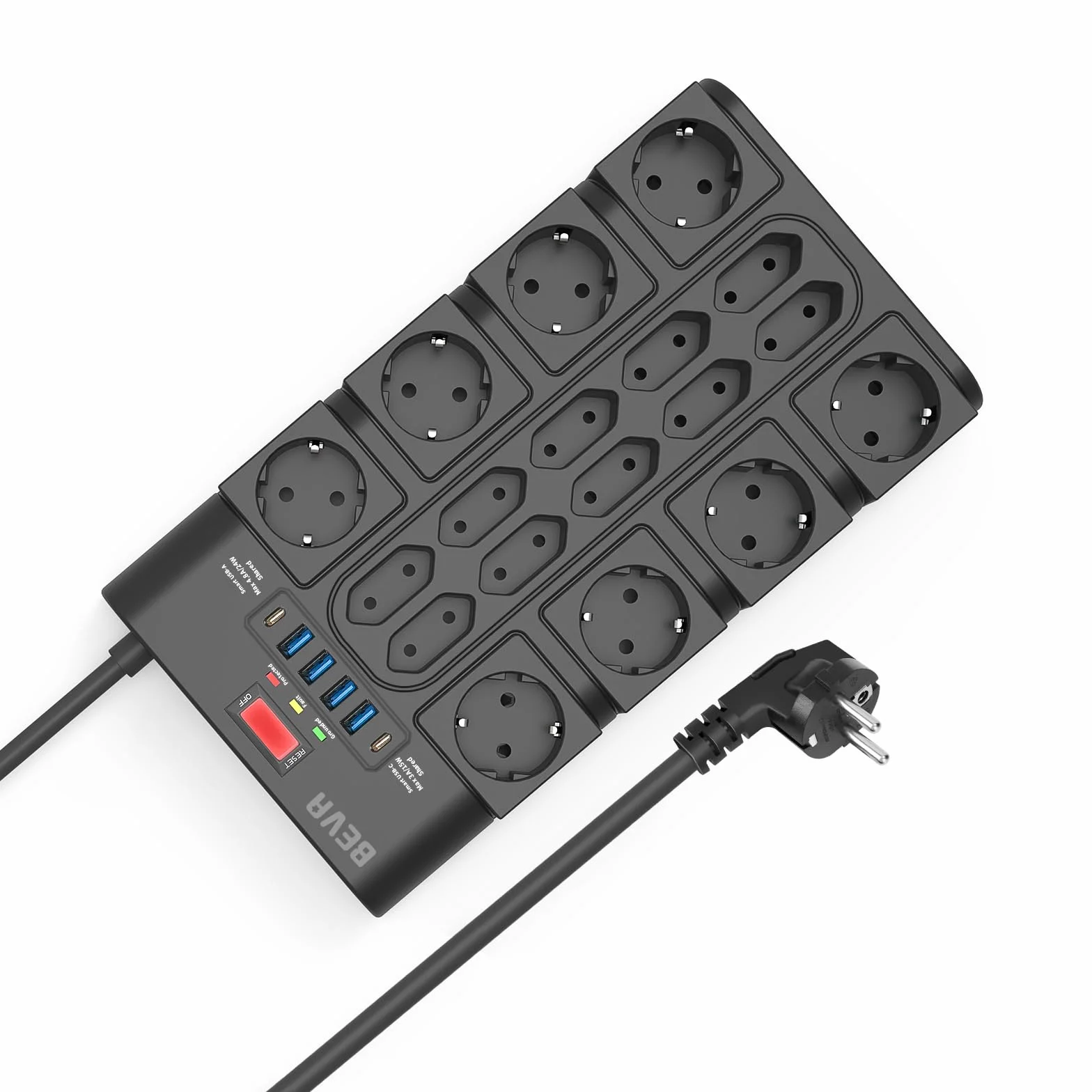 BEVA Listwa Zasilająca 3680W/16A, Wielokrotna Listwa Zasilająca z 18 Gniazdem AC, 4 porty USB-A i 2 USB-C, Złodzien Wtyczka ze Wskaźnikami Stanu i Ochroną Przed Przeciążeniem 2M kabel