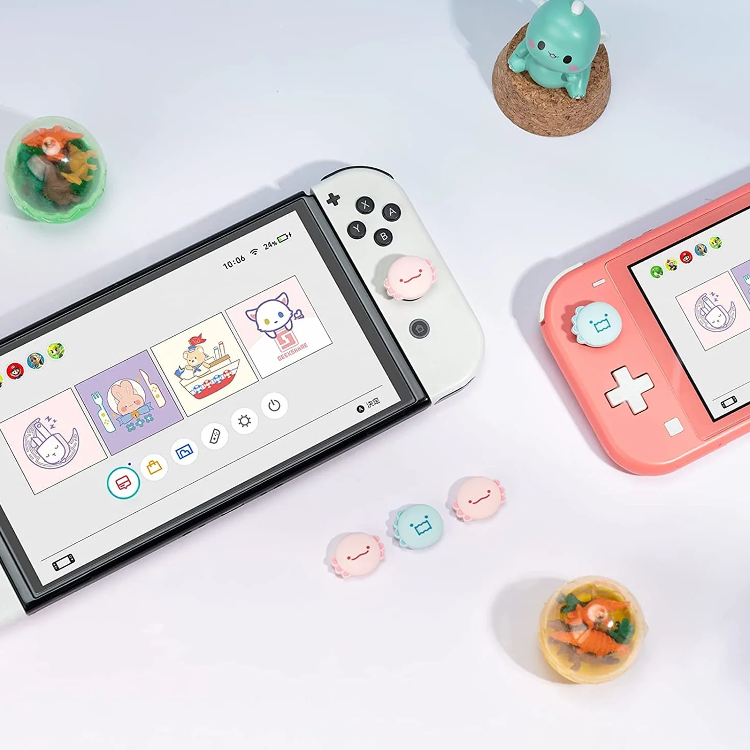 GeekShare Śliczne silikonowe nakładki na kciuk Joycon, pokrowiec na joystick kompatybilny z Nintendo Switch/OLED/Switch Lite, 4 szt., dinozaur i aksolotl