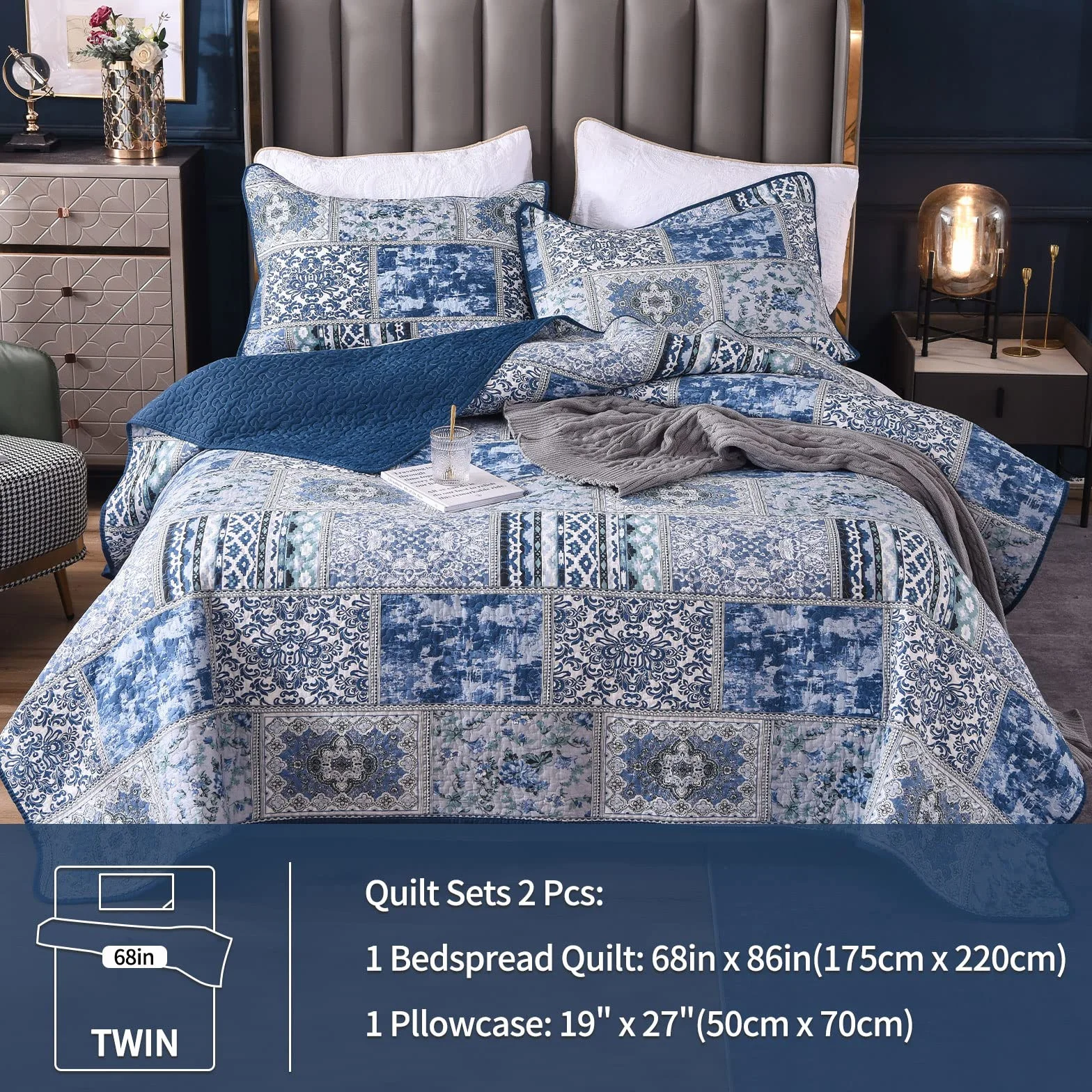 Qucover 2 sztuki pikowane narzuty na łóżko, Single 180x220 cm z 1 poszewką na poduszkę, niebieski, kwiatowy, patchworkowy wzór, lekka bawełniana kołdra, zestaw narzut na łóżko