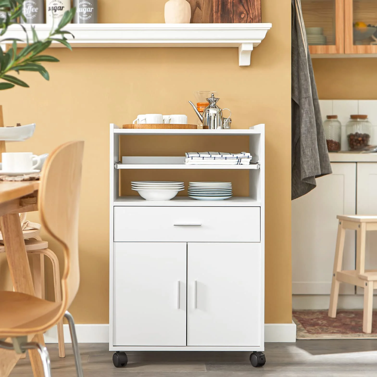 SoBuy Wózek kuchenny na kółkach rozsuwany blat biały 59×92×40 cm FSB09-W