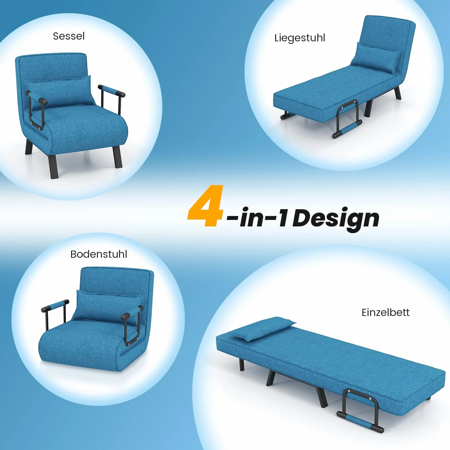 COSTWAY 4 w 1 rozkładana sofa z funkcją spania, rozkładana sofa z regulowanym oparciem i zdejmowaną poduszką, rozkładany fotel, rozkładana sofa, rozkładana sofa z metalową ramą, obciążenie do 150 kg (