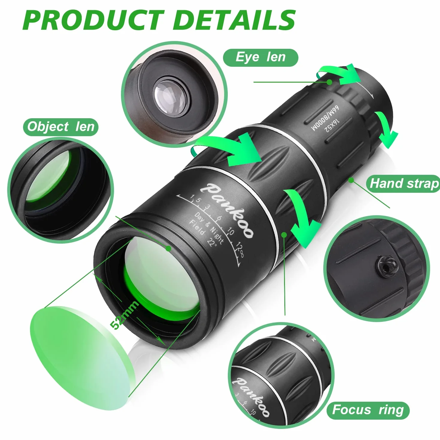 16X52 Monocular Telescope High Powered for Adults, 2023 Power Prism Compact Monoculars for Adults,HD Monocular Scope for Gifts, Outdoor Activity,Bird Watching,Hiking,Concert,Travelling