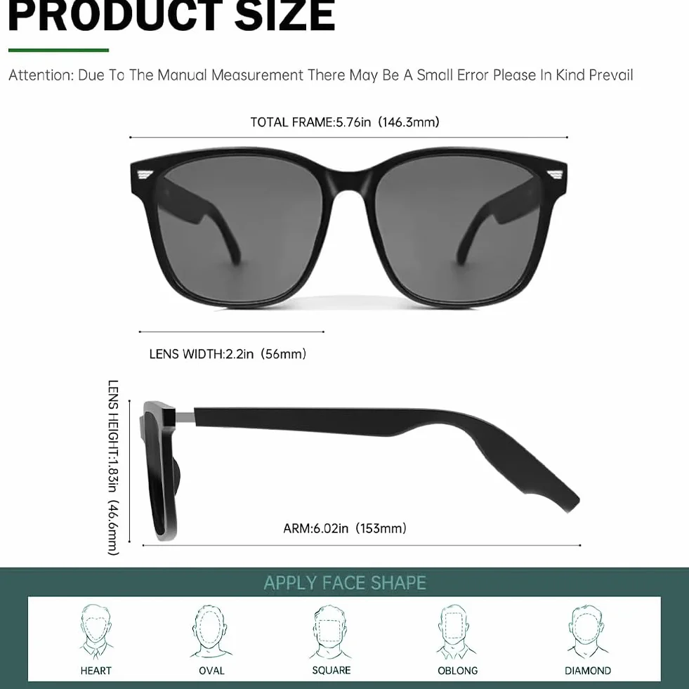 OVLENG Inteligentne okulary Bluetooth 5.3 - Inteligentne okulary Smart Glasses, inteligentne okulary z słuchanymi piosenkami, asystent głosowy, do wszystkich urządzeń, aktywności na świeżym powietrzu,