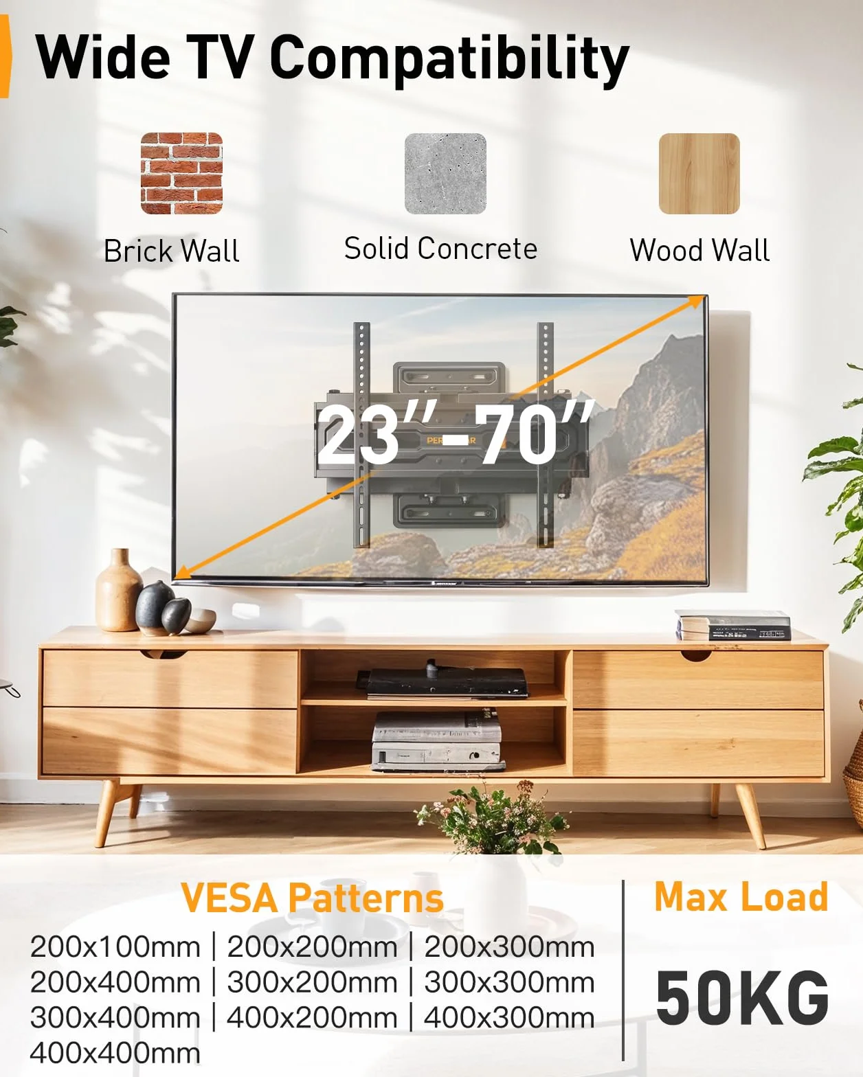 Perlegear uchwyt ścienny do telewizora na 23-70 calowych TV do 50 kg, uchwyt ścienny do telewizora z regulacją wysokości i szybkim ustawianiem nachylenia, uchwyt ścienny do telewizora 55 cali obrotowy