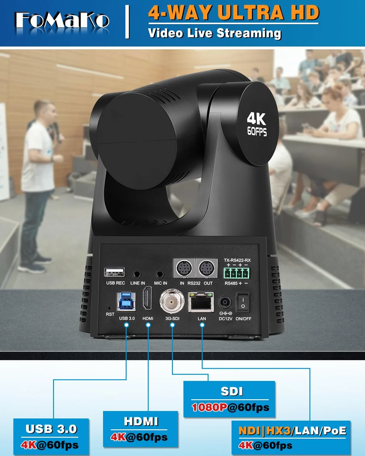 FoMaKo Kamera NDI PTZ 4K 60 kl./s, obsługuje wyjście NDI HX3 4K 60 kl./s, 20-krotny zoom optyczny, automatyczne śledzenie AI Gen 3, 3G-SDI/HDMI/NDI/USB/PoE, idealna do kultu kościoła i studia na żywo