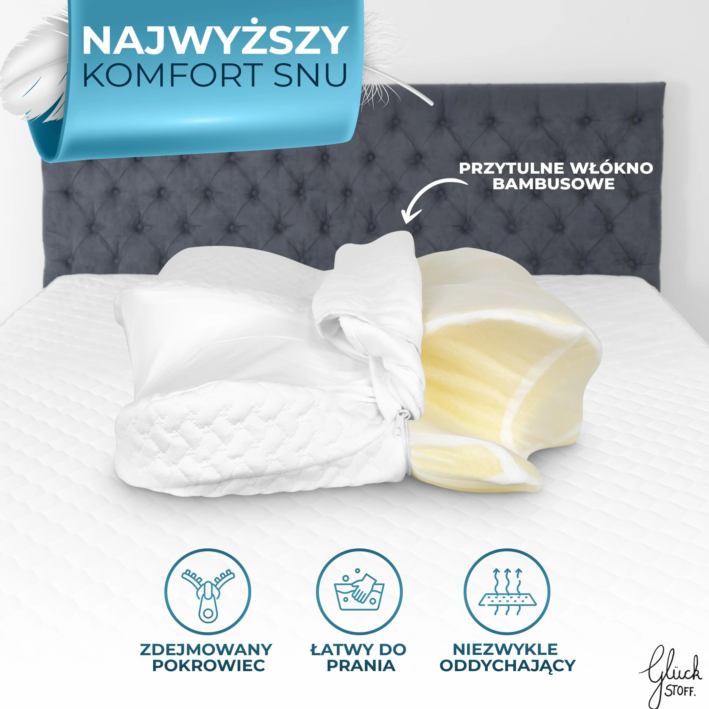 GLÜCKSTOFF® Poszewka na poduszkę ergonomiczną [Z EFEKTEM CHŁODZENIA I CIEPŁA] z włókien bambusowych i spandeksu | Miękka i Przytulna | Poszewka Zapasowa | Biała | Wersja: Ergo