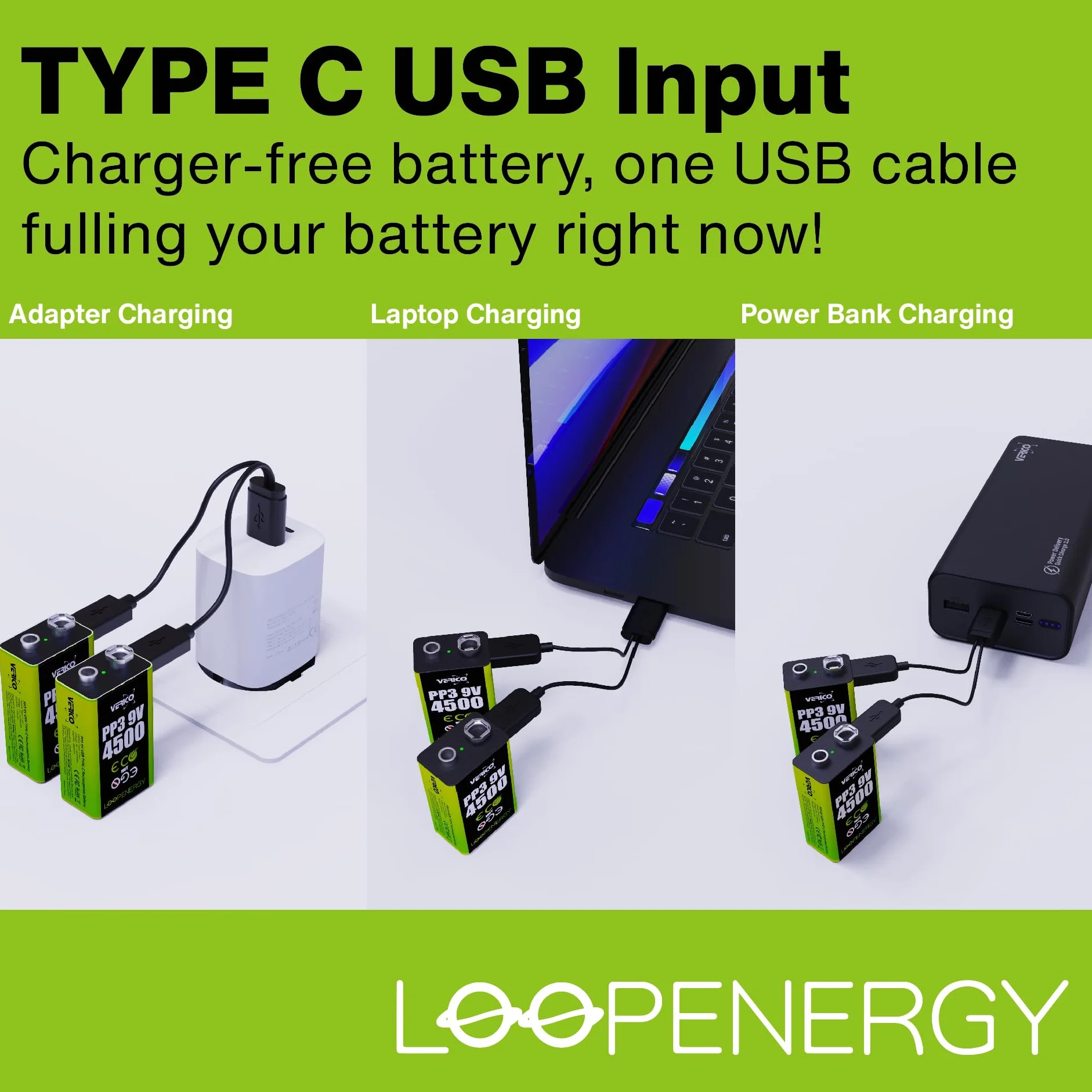 Verico LoopEnergy blok 9 V, 2 sztuki, PP3, 4500 mAh, akumulator USB-C, litowo-jonowy, 1 kabel do ładowania USB typu A na 2 x typ C