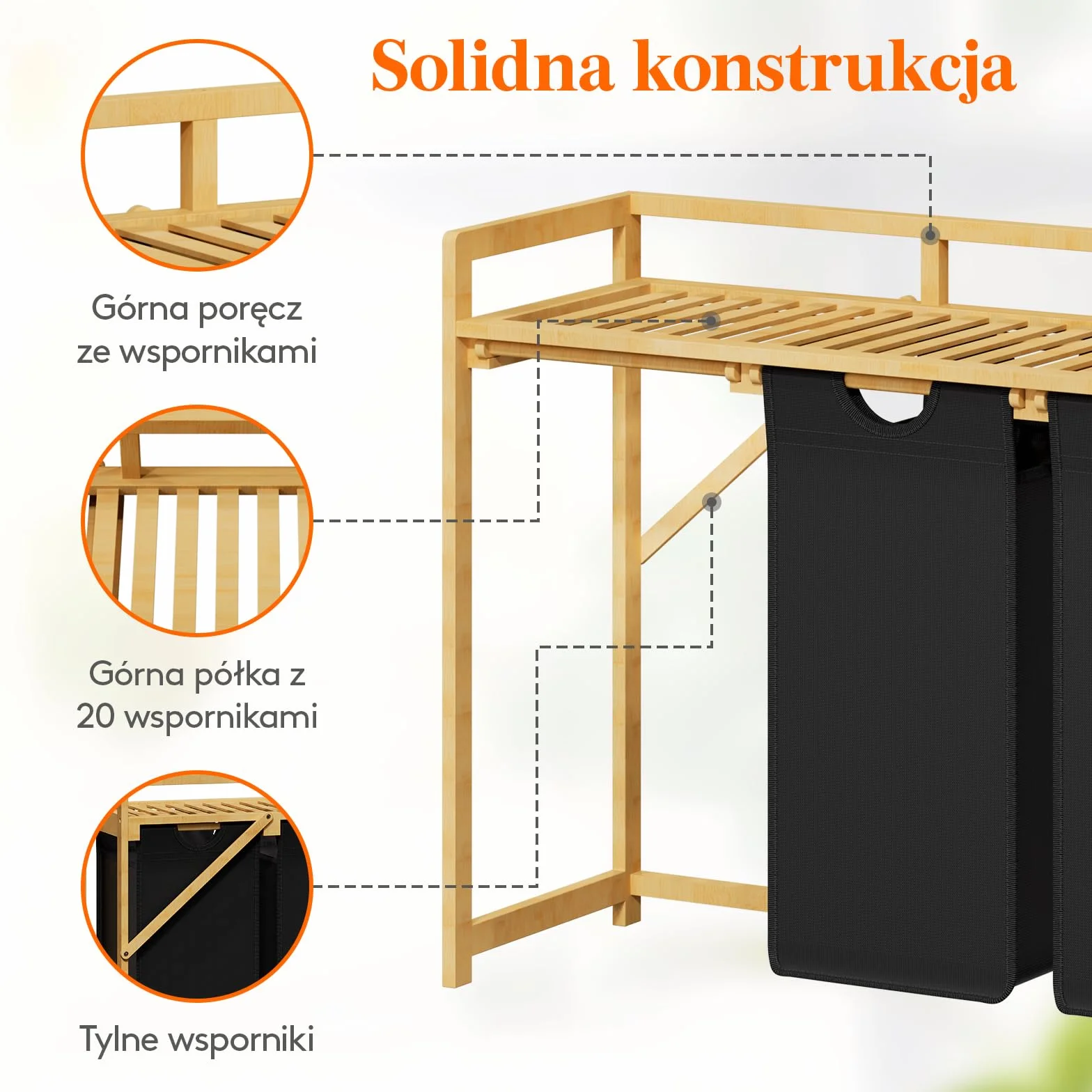 Lifewit Kosz na pranie z bambusową ramą, 150 l, z 3 przegródkami, zdejmowany pojemnik na pranie, bambusowy, 96, 2 x 33,4 x 72 cm, czarny