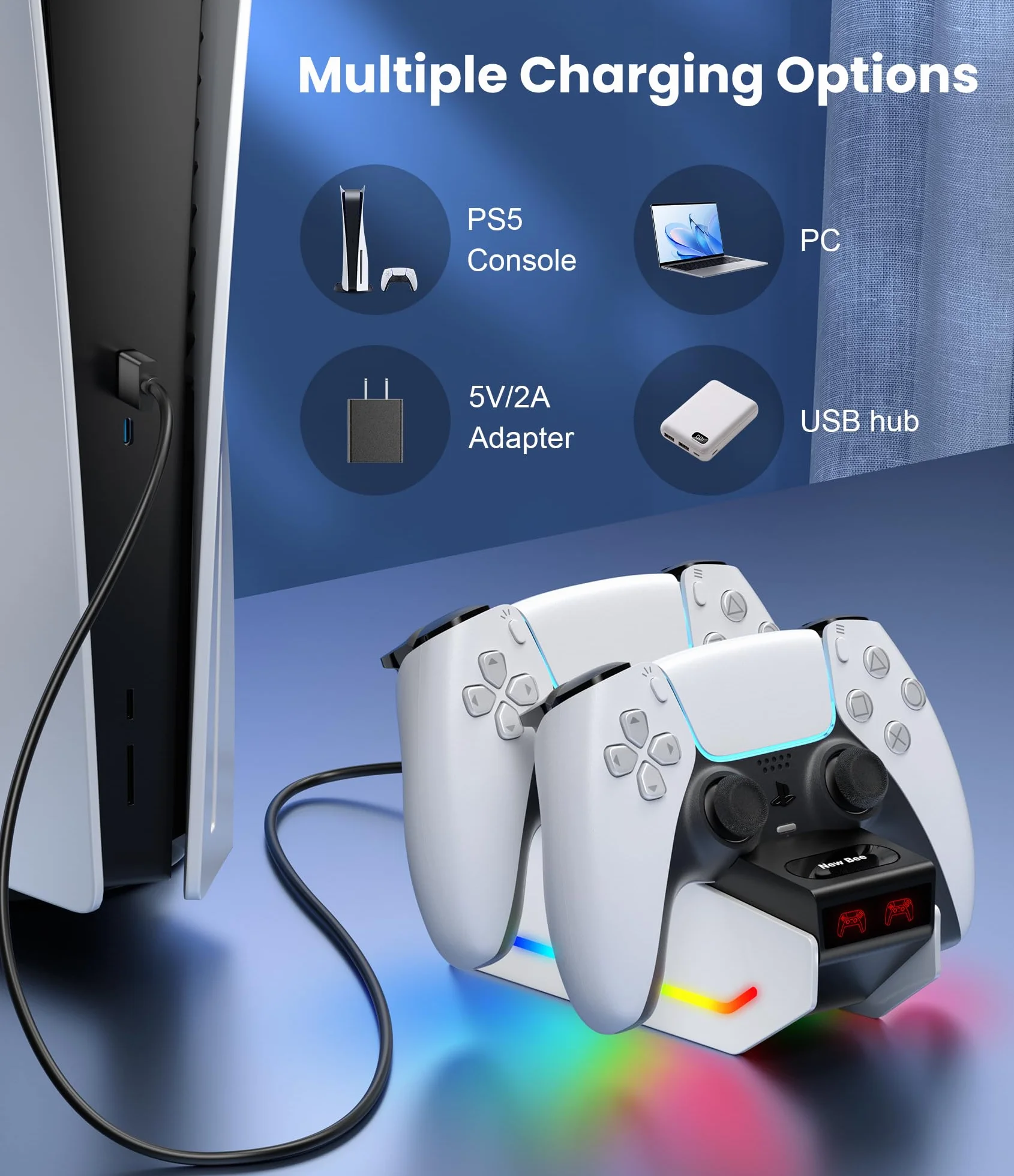 Rapid PS5 Controller Charger RGB Light Stacja ładująca DualSense do kontrolerów Sony Playstation 5 z kablem USB-C