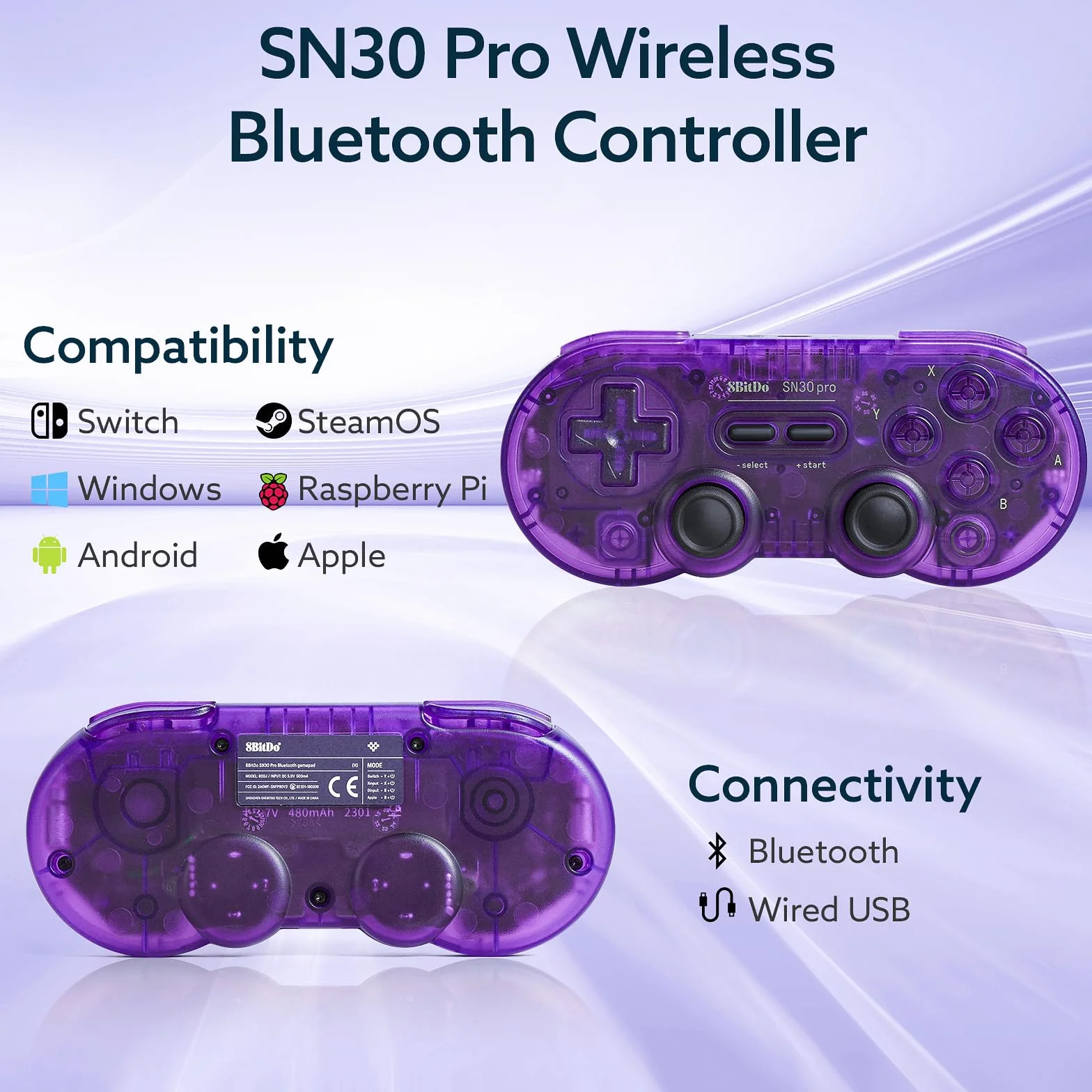 LONGYI 8BitDo SN30 Pro kontroler Bluetooth, joysticki z efektem Halla, wibracje Rumble i kabel USB-C, retro Gamepad do Switch 2 / Switch, Windows, Mac OS, Android, Steam Deck, fioletowy