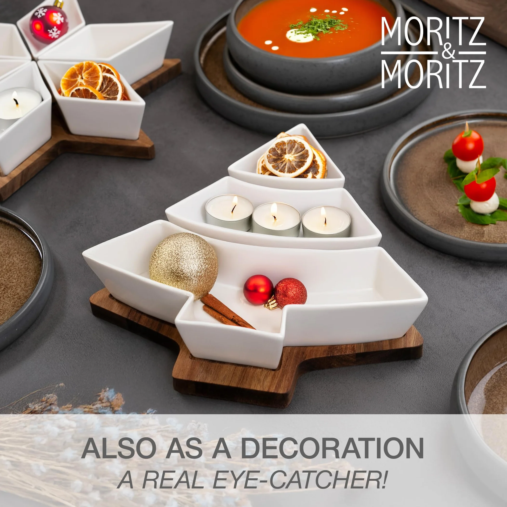 Moritz & Moritz Zestaw miseczek do serwowania Boże Narodzenie Choinka - zestaw miseczek do dipów z drewnianą tacy z drewna akacjowego - ceramiczne miseczki na przekąski, dip, ciastka i świąteczne