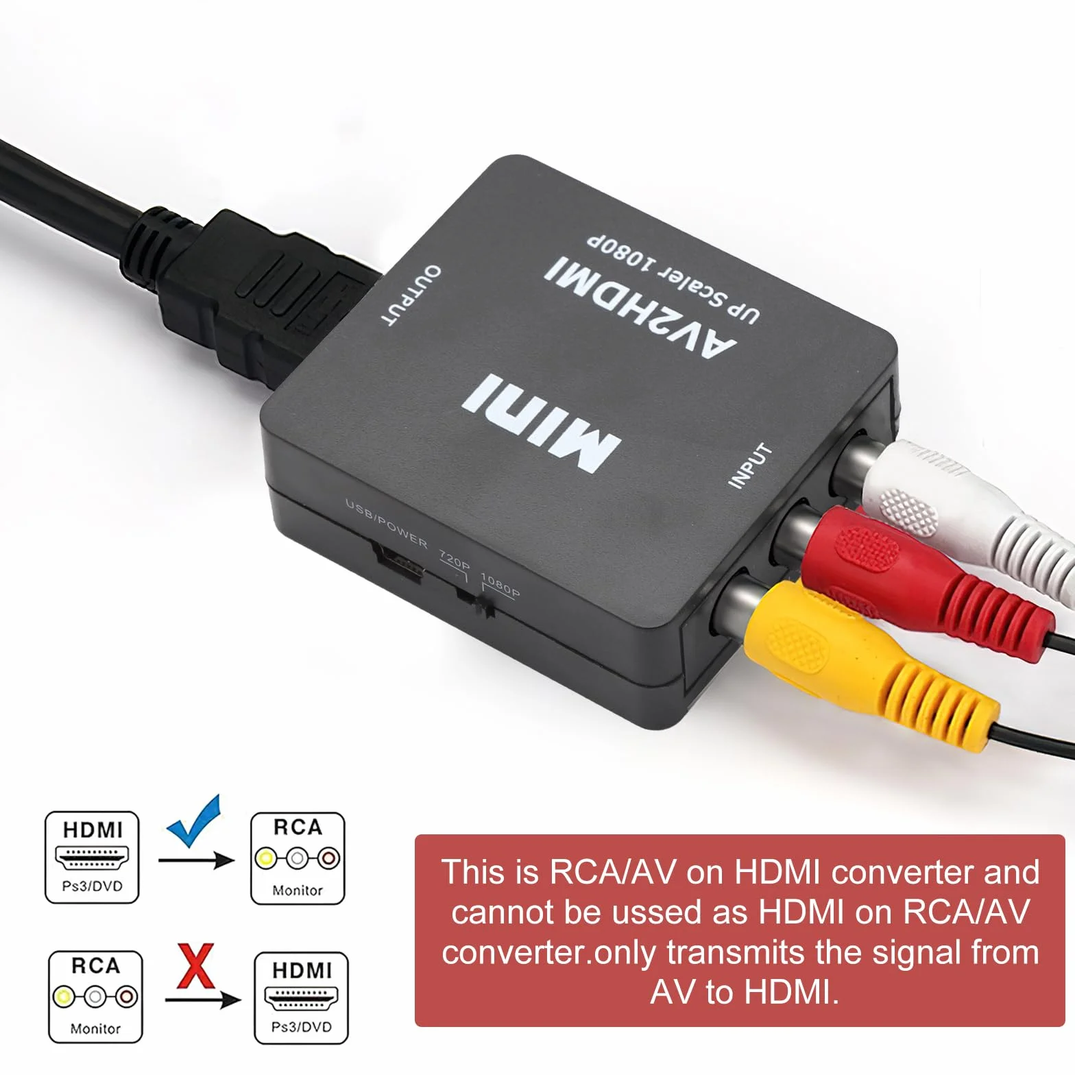 HENGBIRD Konwerter RCA na HDMI AV na HDMI 1080P Composite CVBS Video Audio konwerter adapter do Wii Xbox PS2, PS4, PS3, TV, VHS, VCR, kamery DVD, z kablem sieciowym USB