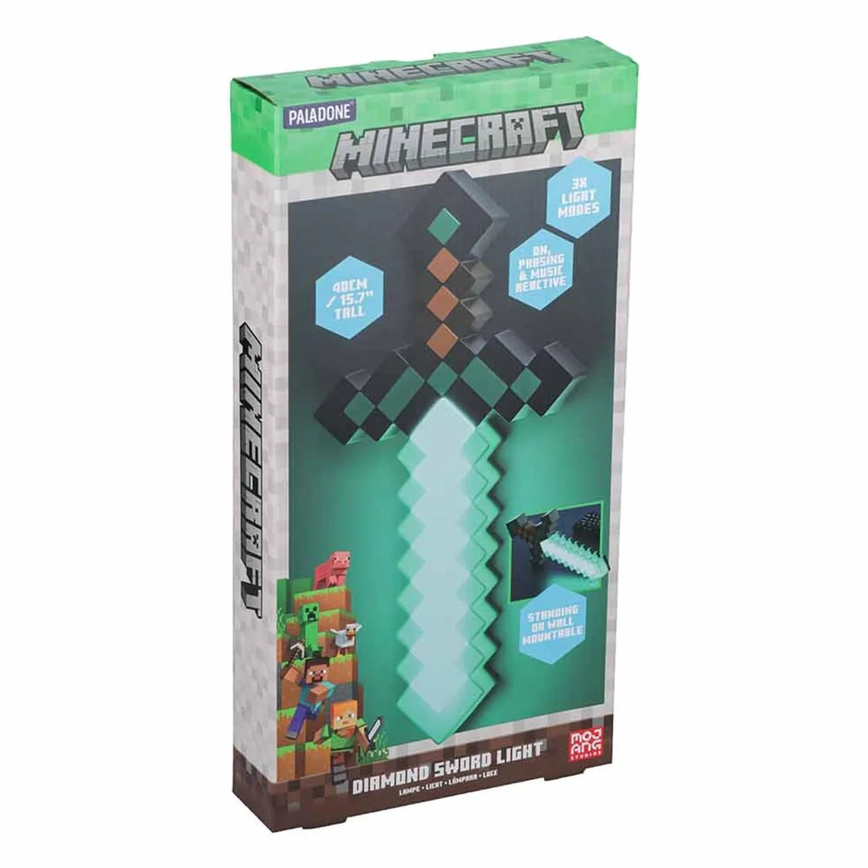 Paladone Minecraft Diamentowy miecz świetlny – 3 dynamiczne tryby świecenia – oficjalnie licencjonowany Minecraft dekoracja pokoju i przedmiot kolekcjonerski