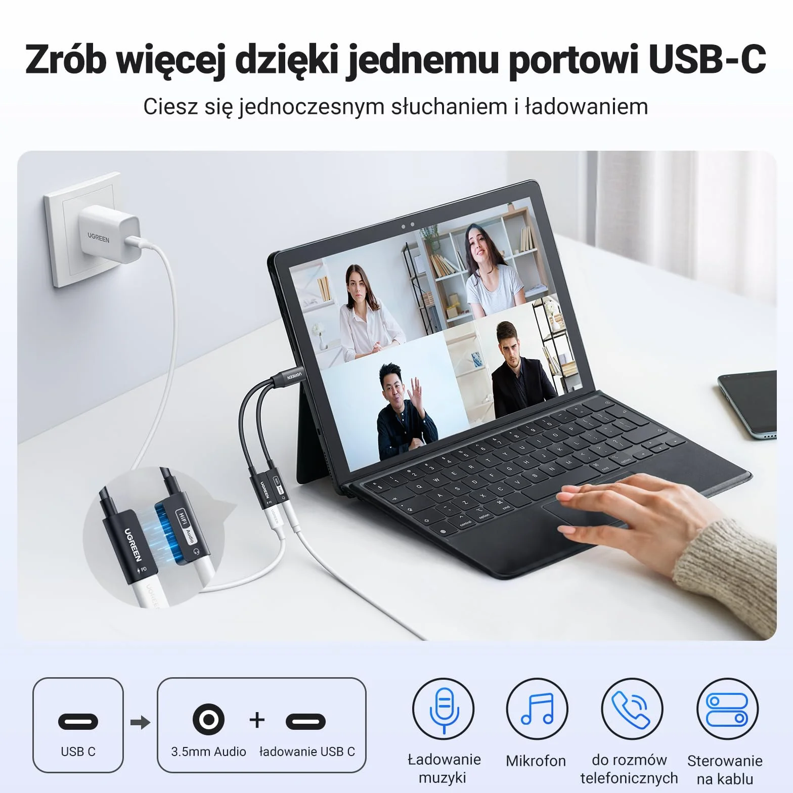 UGREEN USB C na Jack 3,5 mm Adapter z szybkim ładowaniem PD 60 W, magnetyczną kartą dźwiękową USB do iPhone'a 15, laptopa i zestawu słuchawkowego (standard CTIA/OMTP) itp.