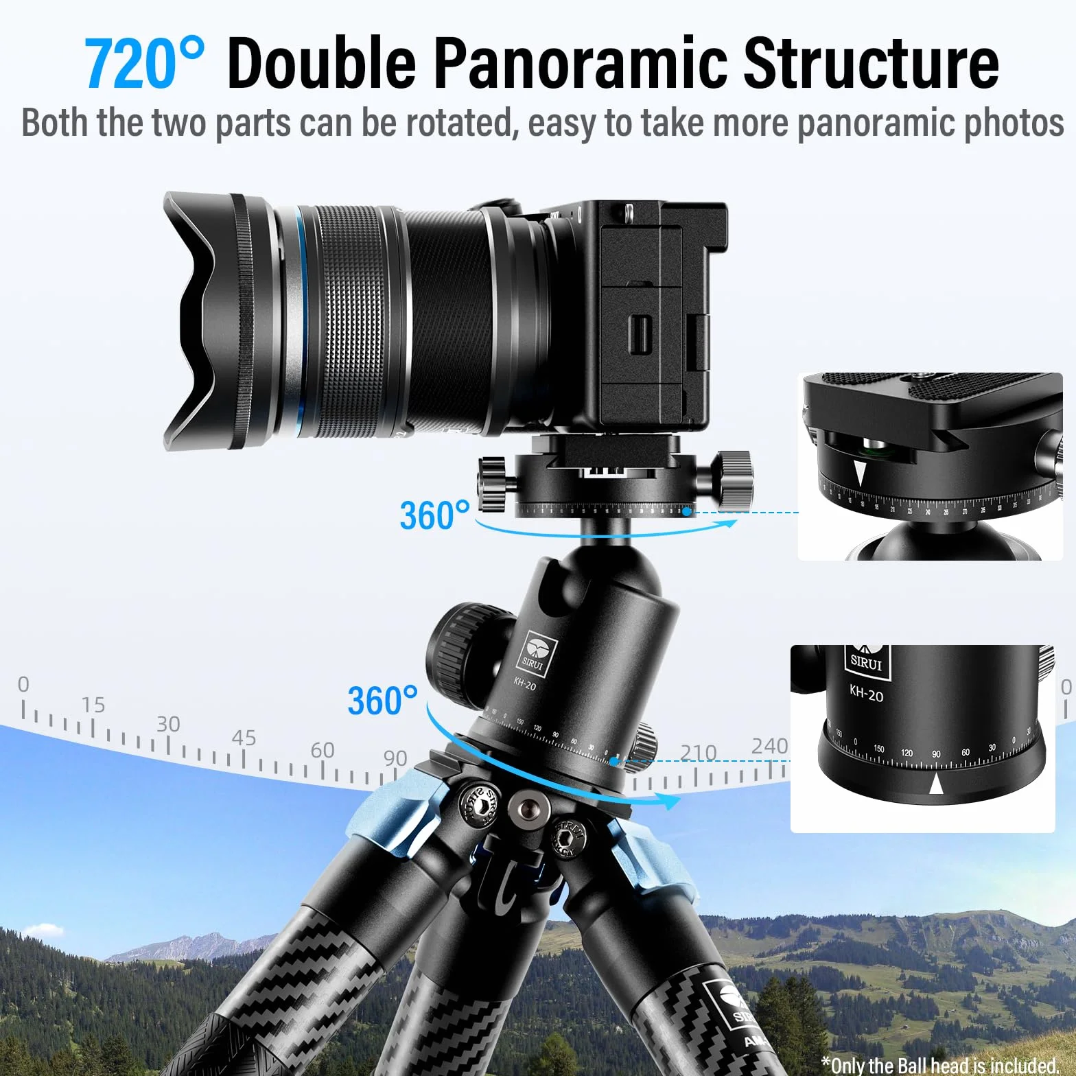 SIRUI Głowica kulowa statywu do aparatu, podwójna głowica panoramiczna 360° z metalową kulką 36 mm i płytką szybkiego zwalniania 1/4 cala do kamery DSLR, kamery, statywu, monopodu, maksymalnego