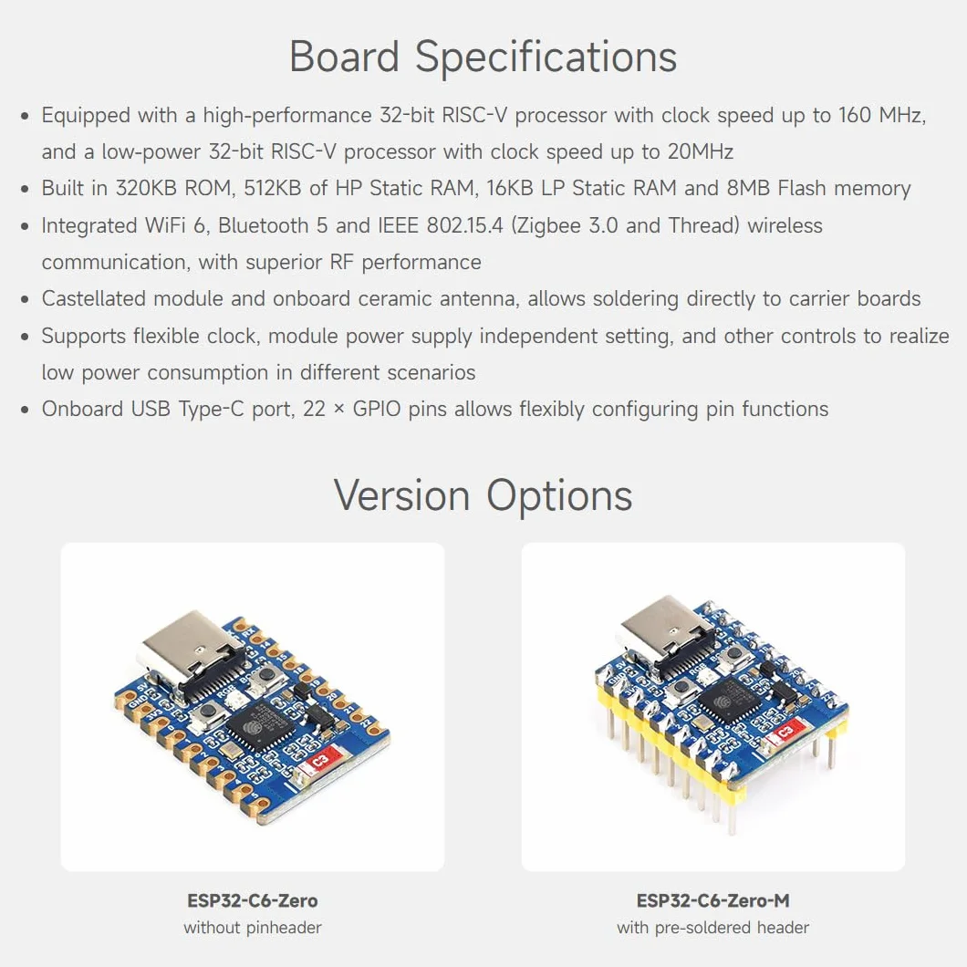 Waveshare ESP32-C6 Mini Development Board(with Pre-soldered Header), Based On ESP32-C6FH8, Dual Processors, 160MHz Running Frequency, 2.4GHz WiFi 6 & BT5, ESP32 Development Board