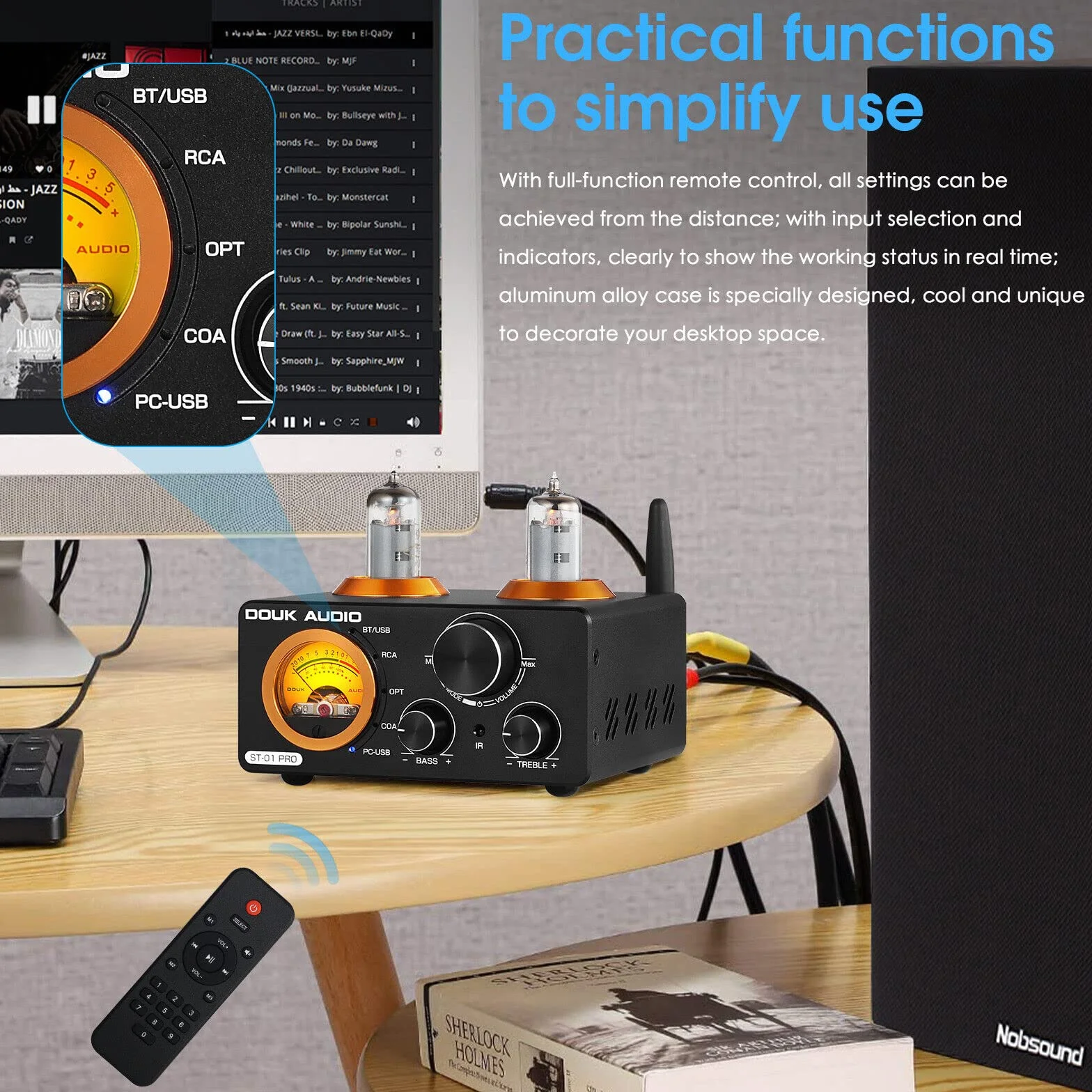 Douk Audio ST-01 PRO wzmacniacz HiFi, 200W mini wzmacniacz lampowy z Bluetooth 5.0, miernik VU, DAC USB wejście koncentryczne/optyczne (ST-01PRO)