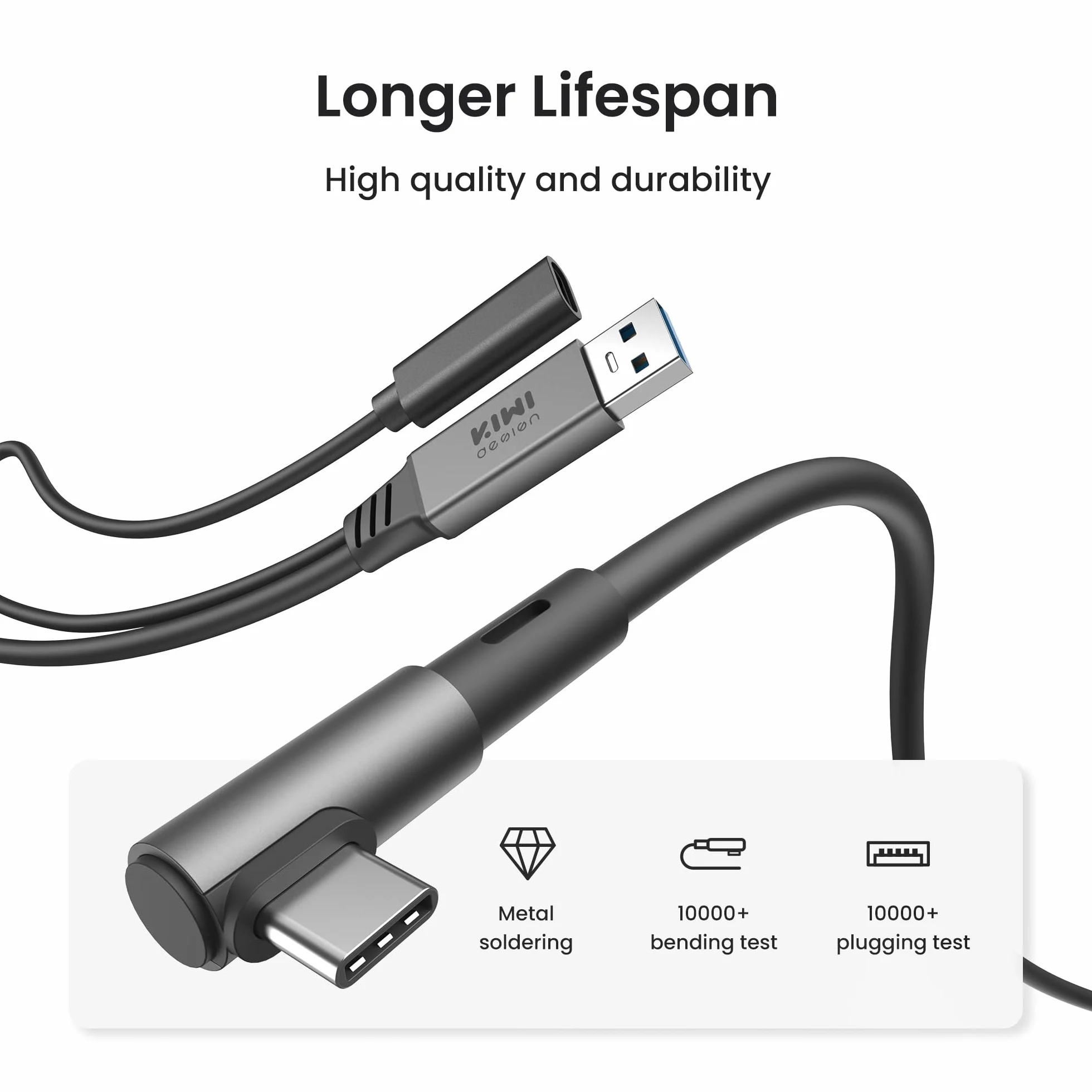 KIWI design Kabel łączący z ładowaniem 5M kompatybilny z akcesoriami Meta Quest 3s/3/2/Pro/Pico 4 i PC/SteamVR kabel łączący USB 3.0 do USB C z superprędkością 5 Gb/s do rozszerzonej rozgrywki, czarny