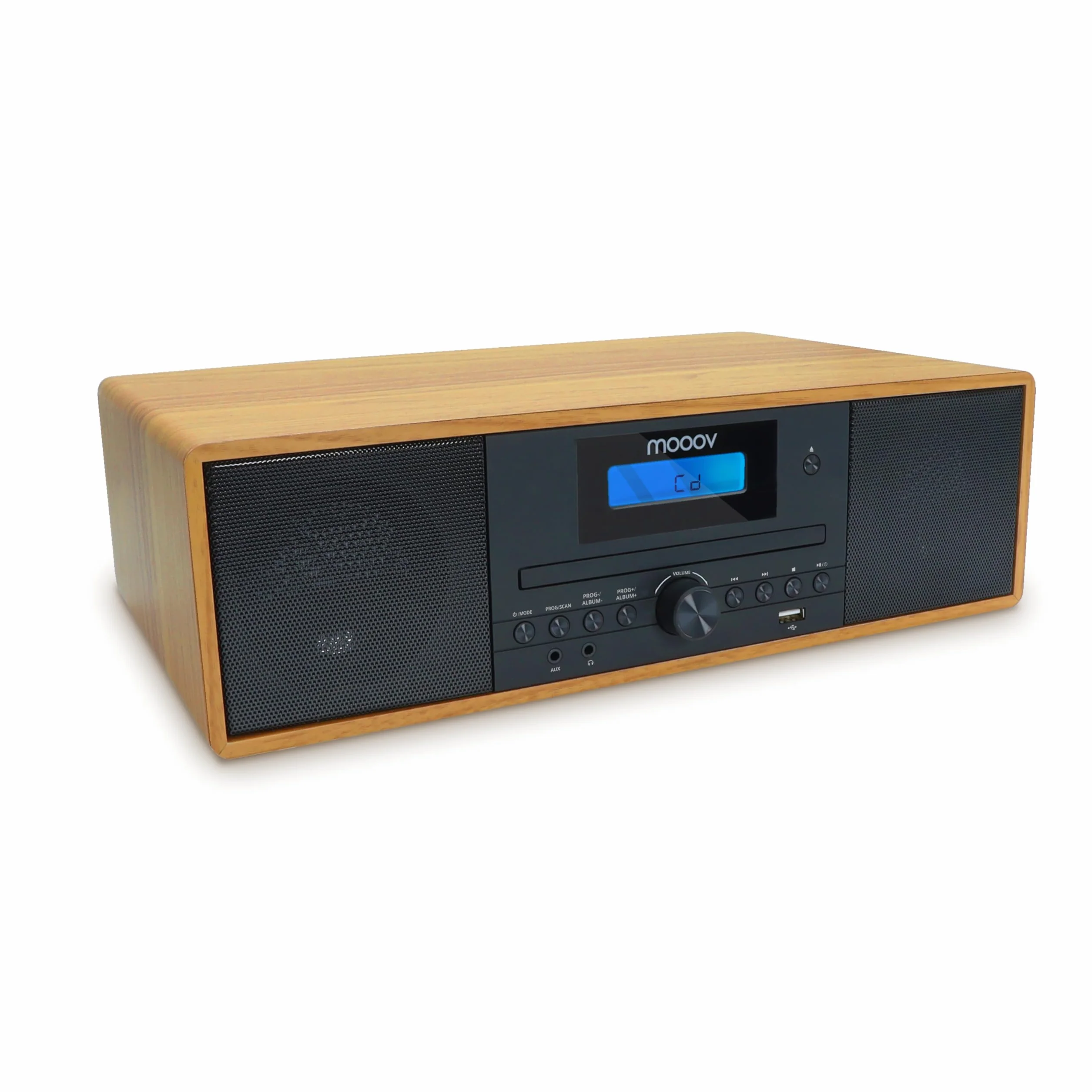 MOOOV 477380 Bezprzewodowy mikro łańcuch HiFi z efektem drewna Odtwarzacz CD Radio FM z pilotem