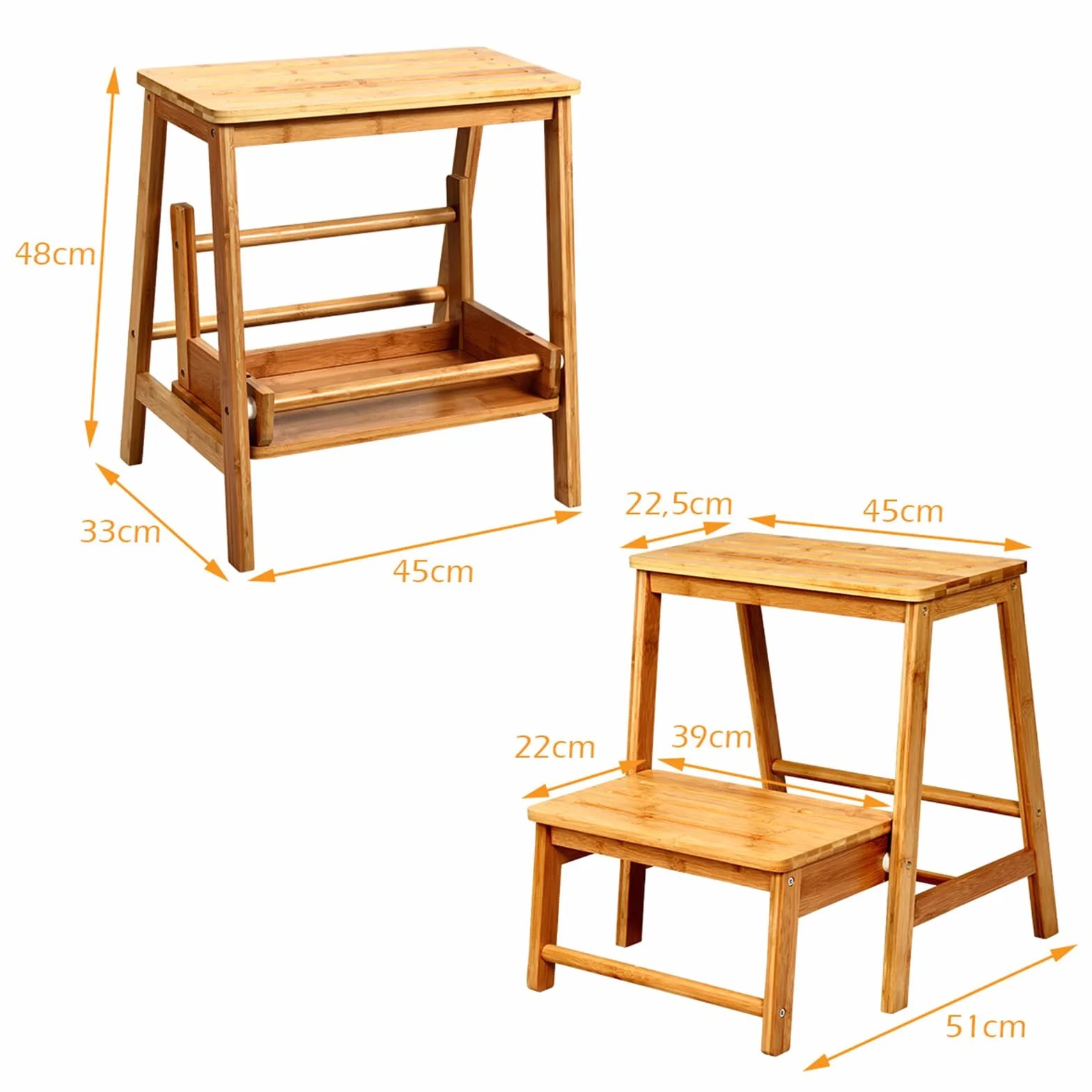COSTWAY 2-stopniowy taboret składany, krzesło drabinkowe do 100 kg, 48 cm, bambus