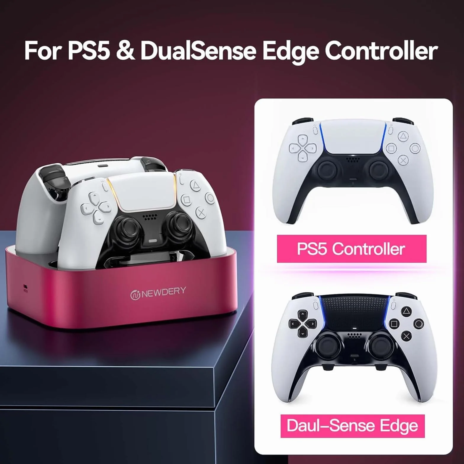 NEWDERY Stacja ładująca do kontrolera PS5 Dualsense Edge, podwójna szybka ładowarka z kablem do PlayStation 5
