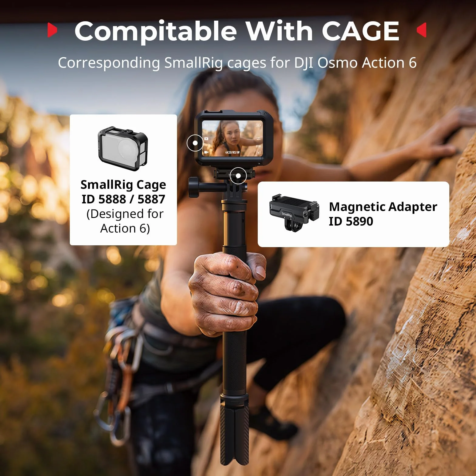 SMALLRIG Magnetyczny uchwyt adaptera z podwójnym mocowaniem do DJI Osmo Action 6/Osmo Nano, dwukierunkowy magnetyczny uchwyt szybkozłączki składany z 2-bolcowym mocowaniem - 5890