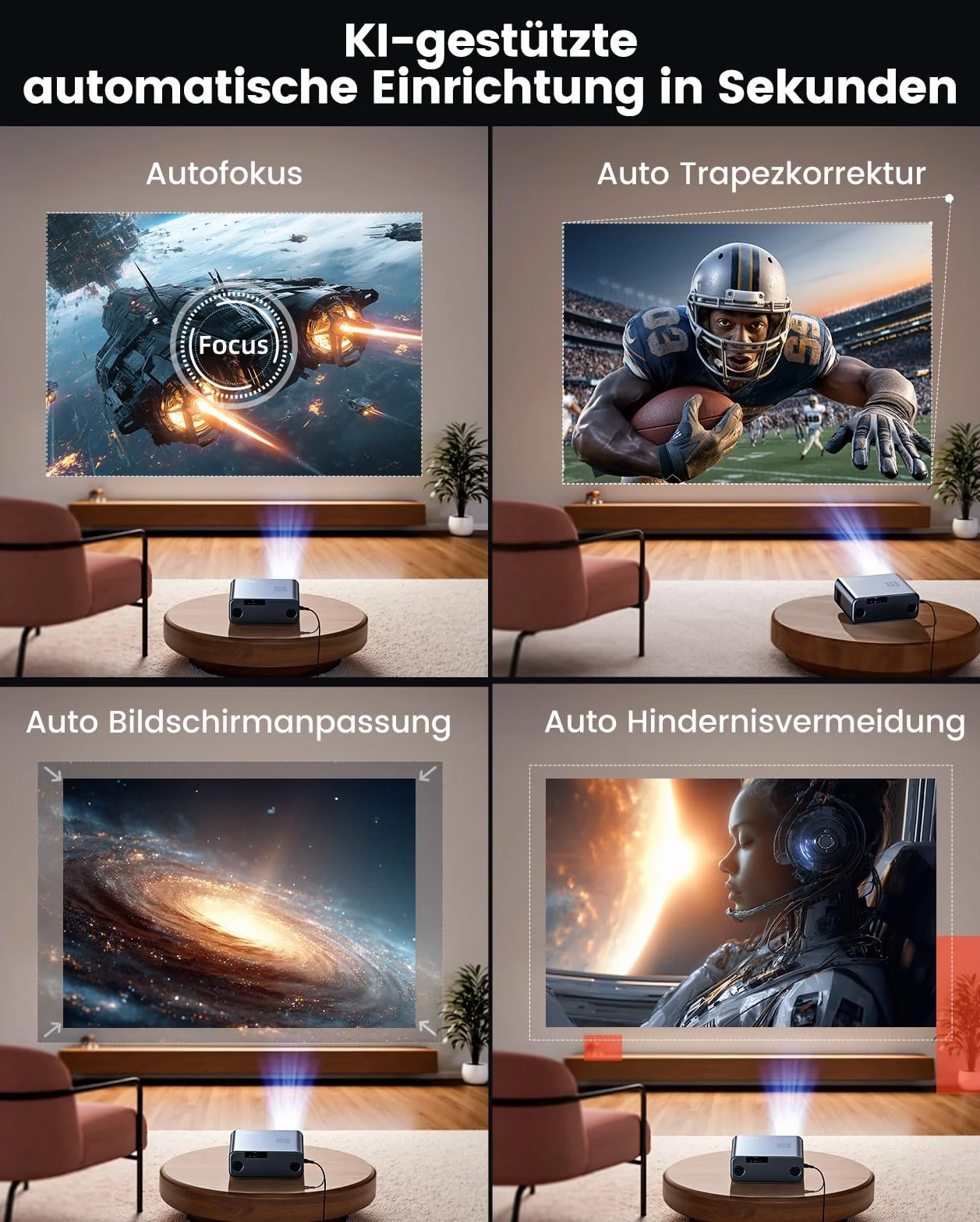 Projektor 4K z Google TV & Netflix/Disney+, Dolby Audio, 1000 ANSI Smart Beamer 4K autofokus, korekcja trapezowa, HDR10, sterowanie głosem, WiFi Bluetooth Full HD 1080p kino domowe/zewnętrzne HDMI ARC