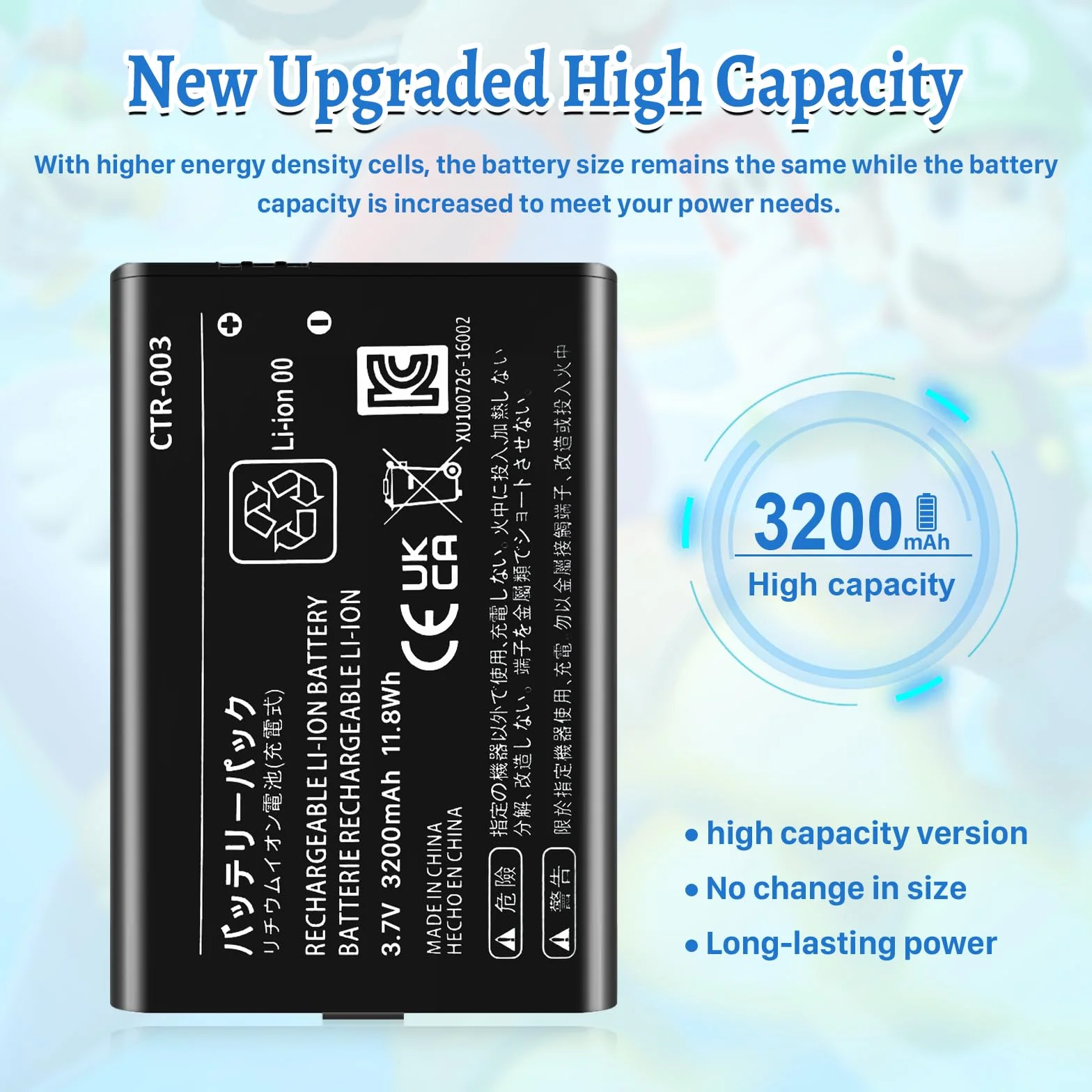 3DS Akku, Bateria CTR-003 [3200mAh] (2024 Nowa Ulepszona Wersja), Bateria CTR-003 kompatybilna z konsolą do gier Nintendo 3DS N3DS CTR-001 MIN-CTR-001 z zestawem narzędzi (Nie dotyczy New 3DS, 3DS XL)