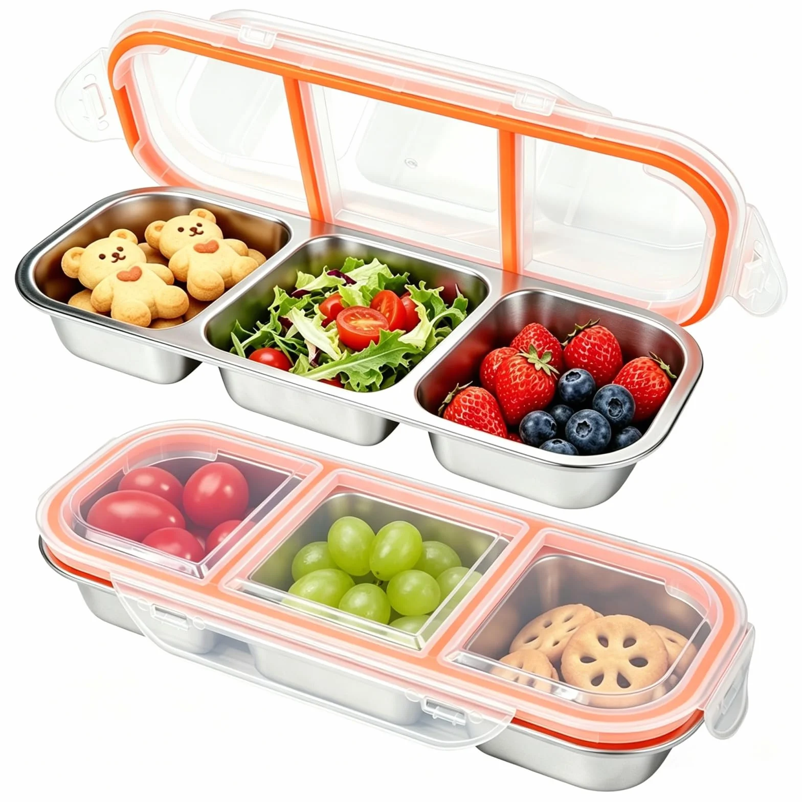 2 sztuki pudełko na przekąski ze stali nierdzewnej z 3 przegródkami, pudełko na przekąski ze stali nierdzewnej, pudełko bento wielokrotnego użytku na lunch z pokrywką, do szkoły, pracy
