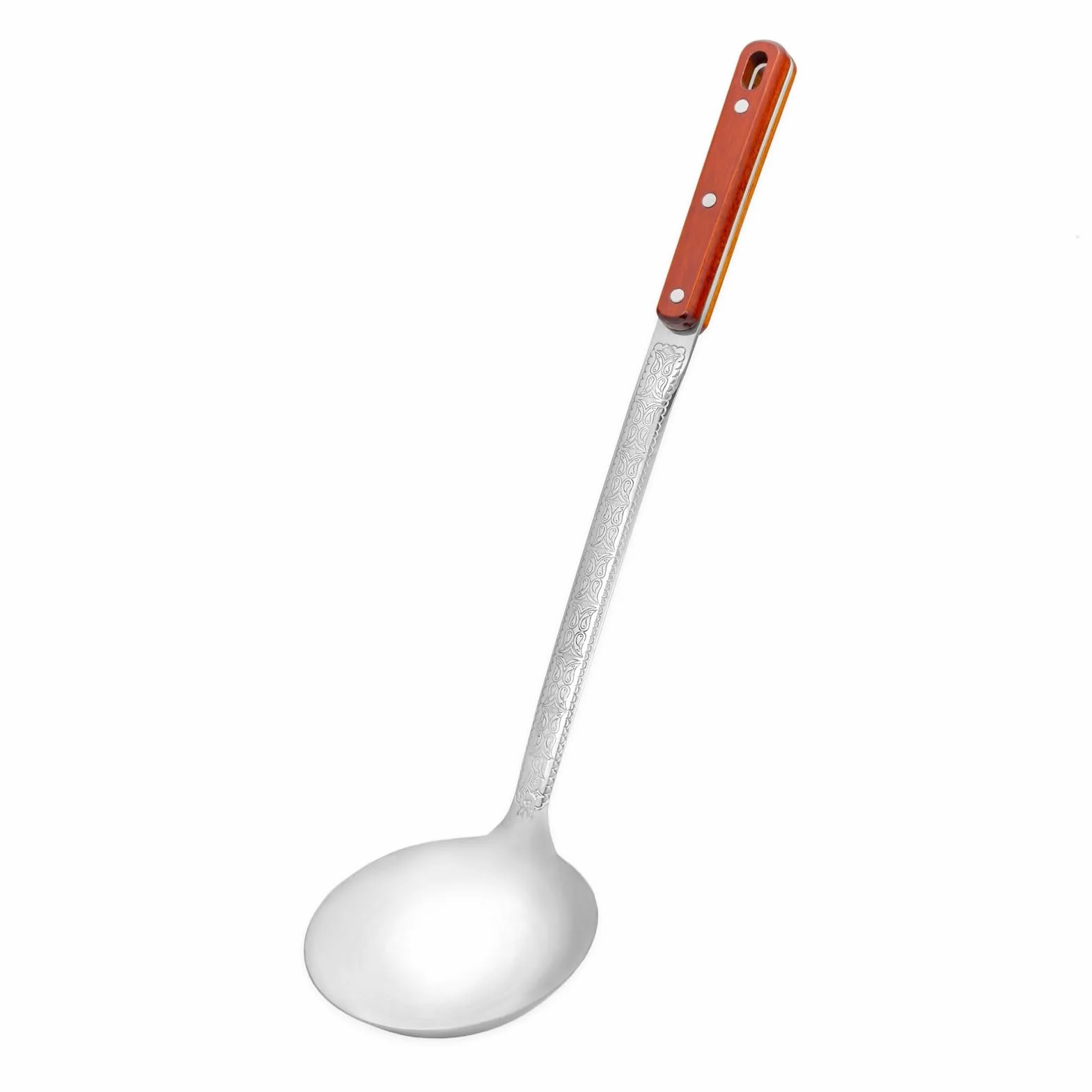 Kazan łyżka cedzakowa zestaw 44 cm 43 cm 47 cm drewniany uchwyt zdobione ornamenty