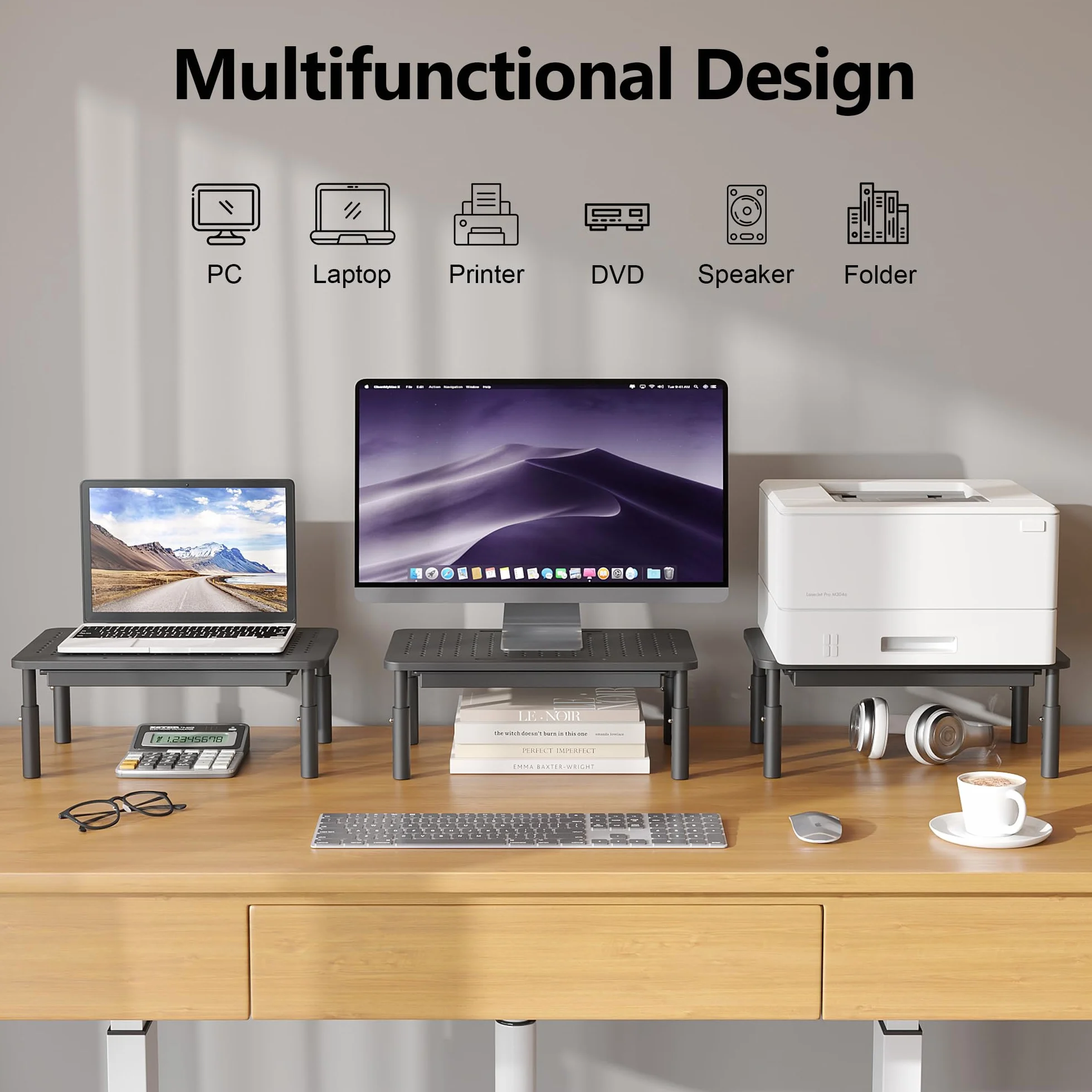 BONTEC Stojak na monitor z szufladą, 3 regulowane na wysokość, do monitora, laptopa, komputera, iMac, drukarki do 20 kg, w zestawie opaski kablowe