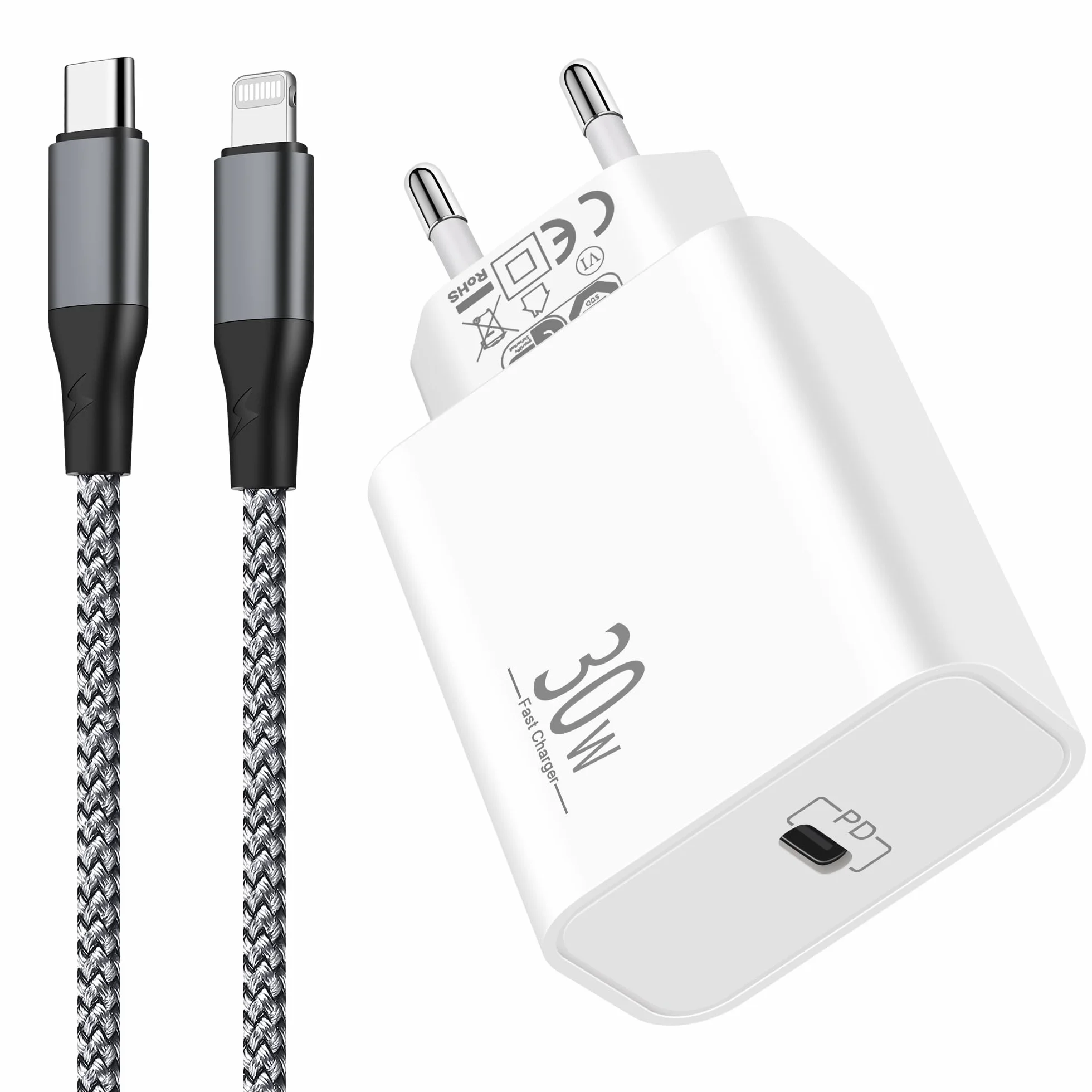 ARCCRA Szybka Ładowarka iPhone i Kabel iPhone, Wtyczka USB-C 30W i Nylonowy Kabel Lightning 2m, Zasilacz/Adapter/Gniazdo Typu-C (PD/QC/PPS), Kompatybilny z iPhone 14/13/12/Pro/Max/Plus/11/SE/XS/XR/X/8