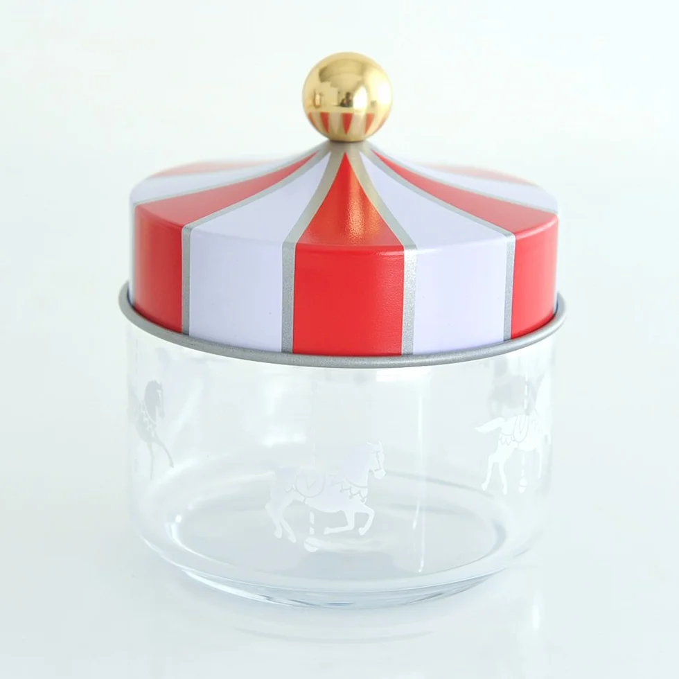 Alessi Circus MW30/50 - naczynie kuchenne na designerskie artykuły spożywcze, szkło z nadrukiem na ekranie z pokrywką z tasiemką, 50 cl