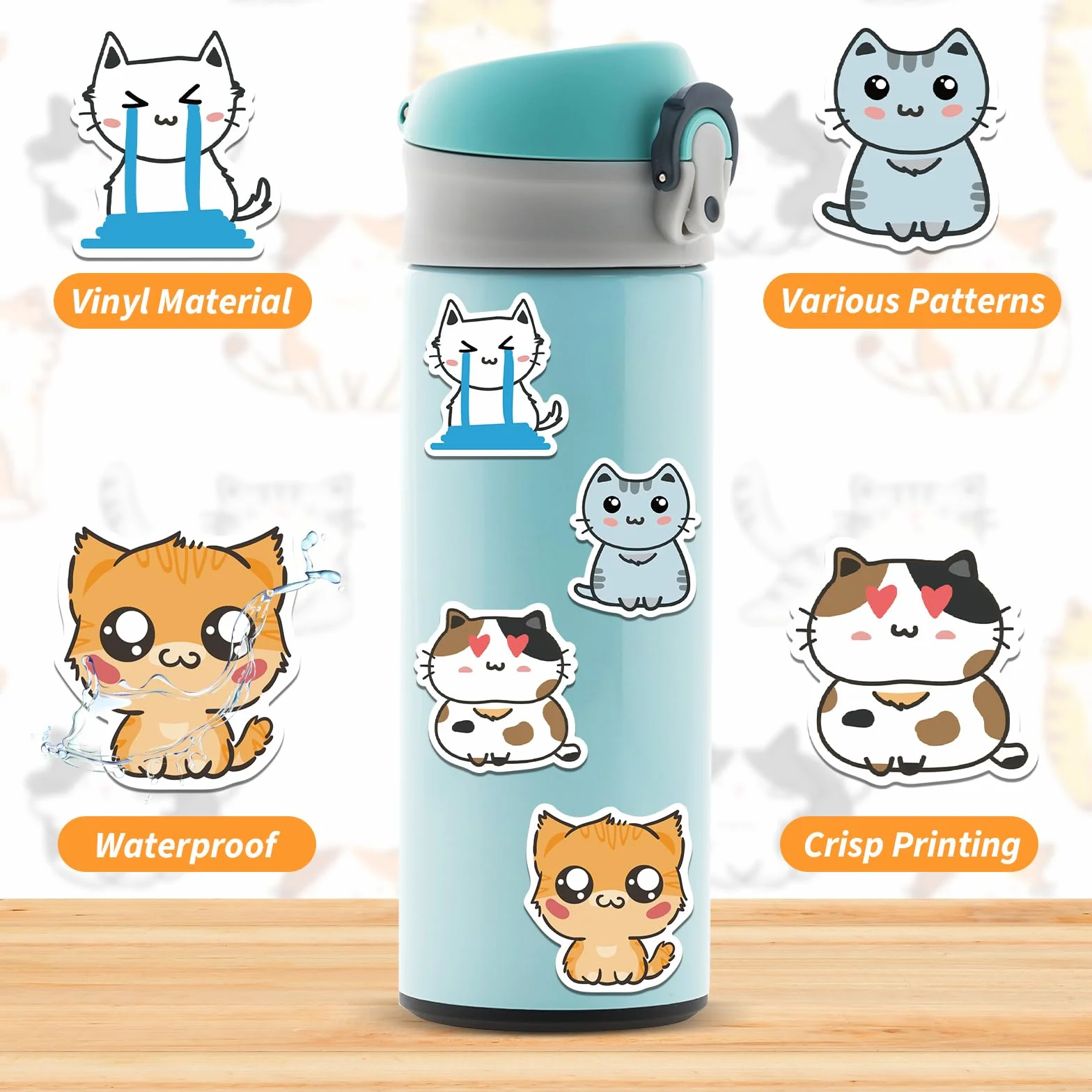 Amaxiu Zestaw naklejek uroczy kot kreskówkowy, 50 sztuk zabawnych estetycznych naklejek Kawaii Animal, wodoodporne, samoprzylepne naklejki winylowe do scrapbookingu, planistów, pamiętników
