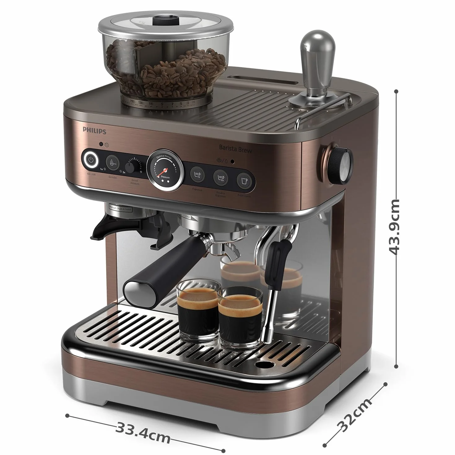 Półautomatyczny ekspres do kawy PHILIPS Barista Brew - pojedyncze i podwójne espresso + przycisk Americano, podwójny pojemnik na kawę ziarnistą, kalibrowane ubijanie, metalowe cappuccino (PSA3228/41)