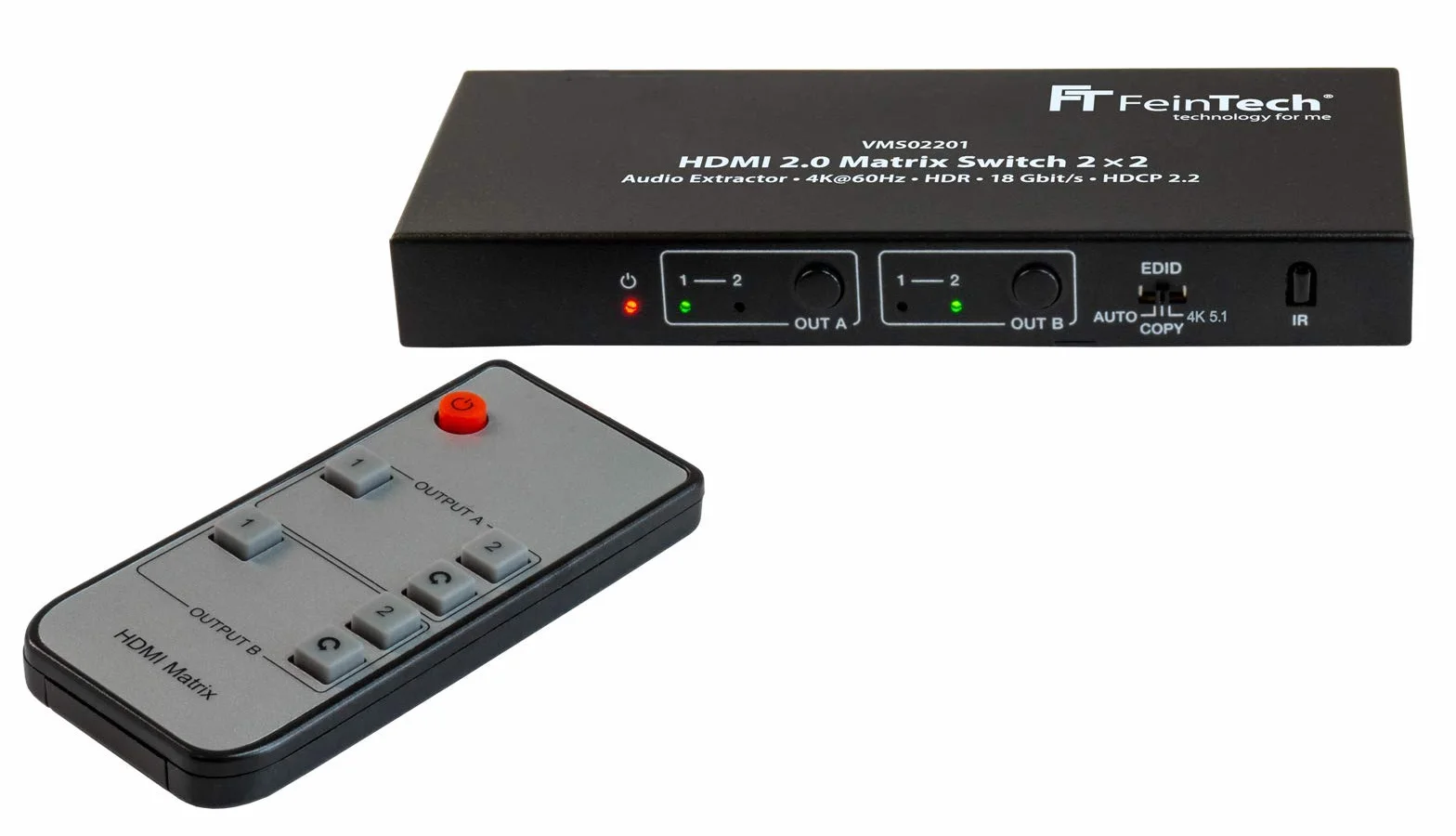 FeinTech VMS02201 HDMI 2.0 Matrix Switch 2x2 z ekstraktorem audio 4K HDR SPDIF