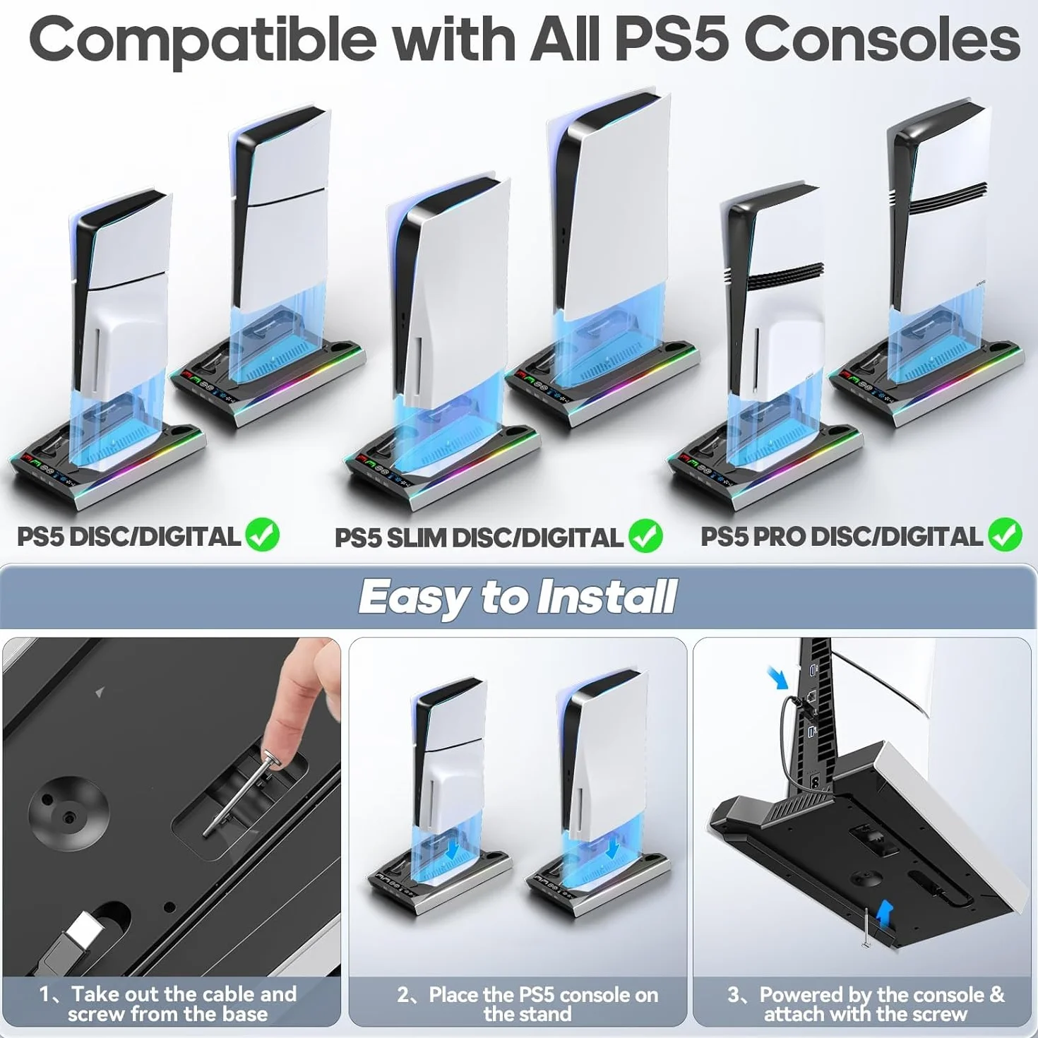 Podstawka chłodząca PS5/Slim/Pro z automatycznym turbowentylatorem i 3 poziomami prędkości, podstawka P5, stacja chłodząca z ładowarką kontrolera, stacja chłodząca do wszystkich konsol Playstation 5