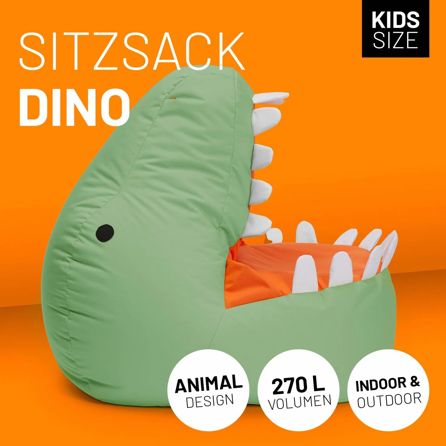 Lumaland Dino worek do siedzenia dla dzieci, rodzina zwierząt, wodoodporna pufa do użytku wewnątrz i na zewnątrz, łatwy w pielęgnacji materiał, 90 x 90 x 70 cm, 4,1 kg, zielona