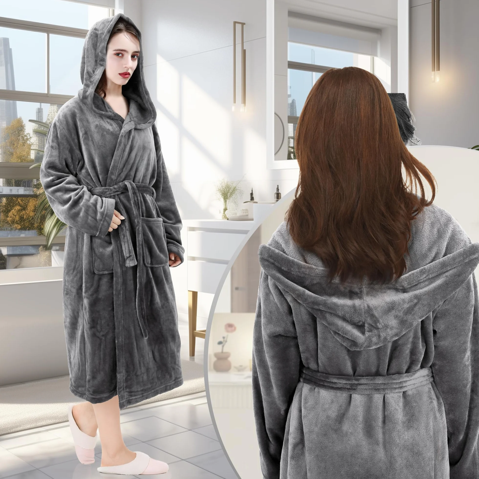 Pameil Szlafrok dla kobiet i mężczyzn, puszysty szlafrok z kapturem, koralowy polar, naszywane kieszenie, chłonny i szybkoschnący (długość 115 cm x szerokość barku 50 cm)