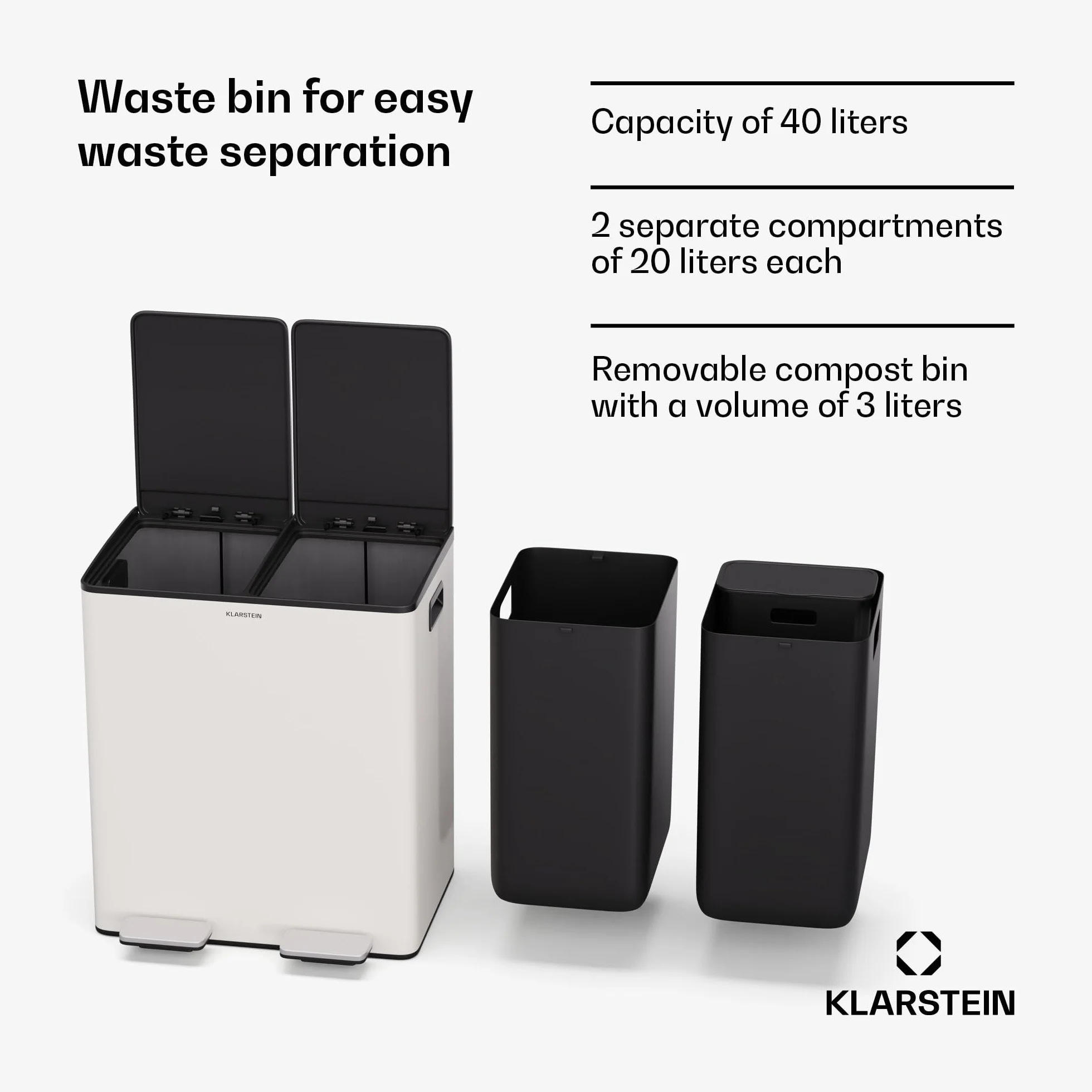 Klarstein Kosz na śmieci 40 l 2 x 20 l z podziałką Soft-Close