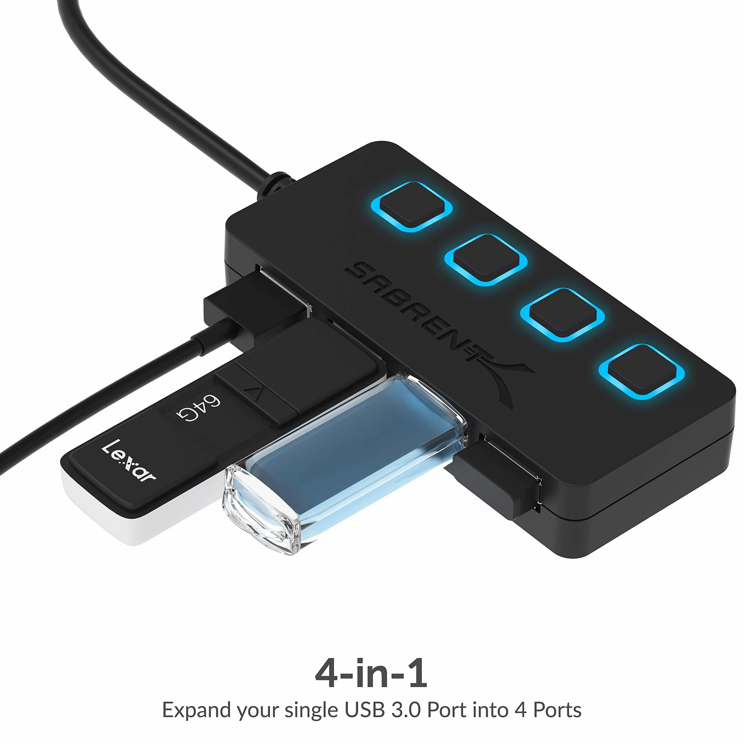 Sabrent HB-UM43 Koncentrator USB 3.0 z 4 Portami, 8,64 x 3,56 x 1,55 cm, Czarny/Niebieskie