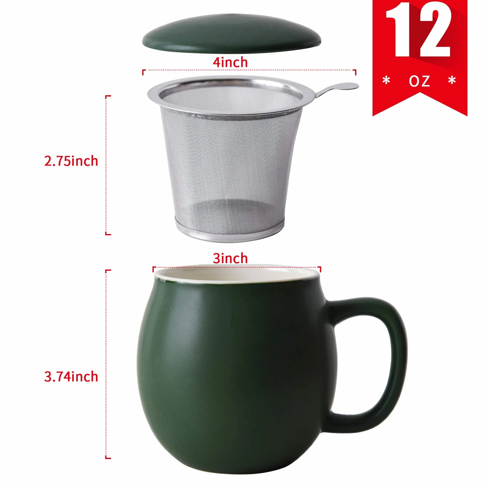 Yundu Porcelanowa filiżanka do herbaty 355 ml z zaparzaczem i pokrywką, kubek z pokrywką do stromenia, matowa zieleń