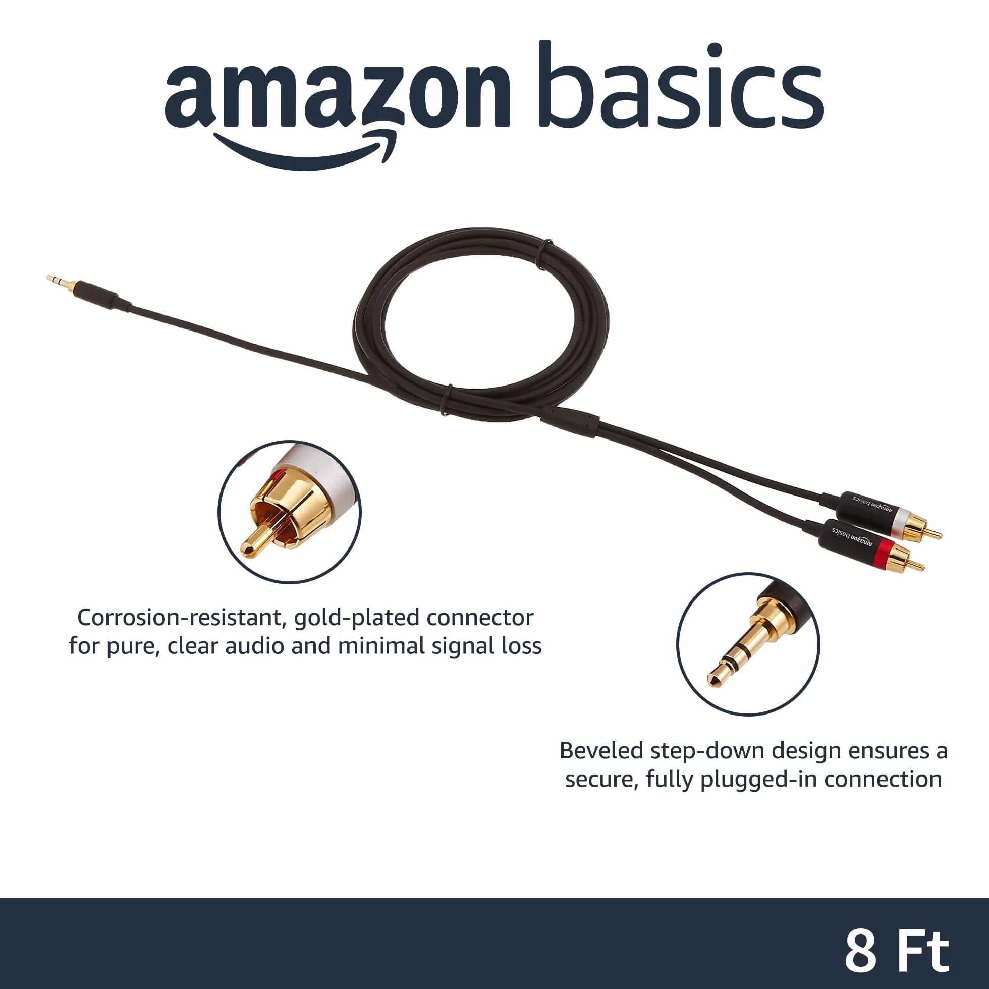 Amazon Basics Kabel Audio 3,5 AUX na 2 RCA, Adapter Do Wzmacniaczy, Do Aktywnych Głośników, Z Pozłacanymi Wtyczkami, Czarny, 2,44 m