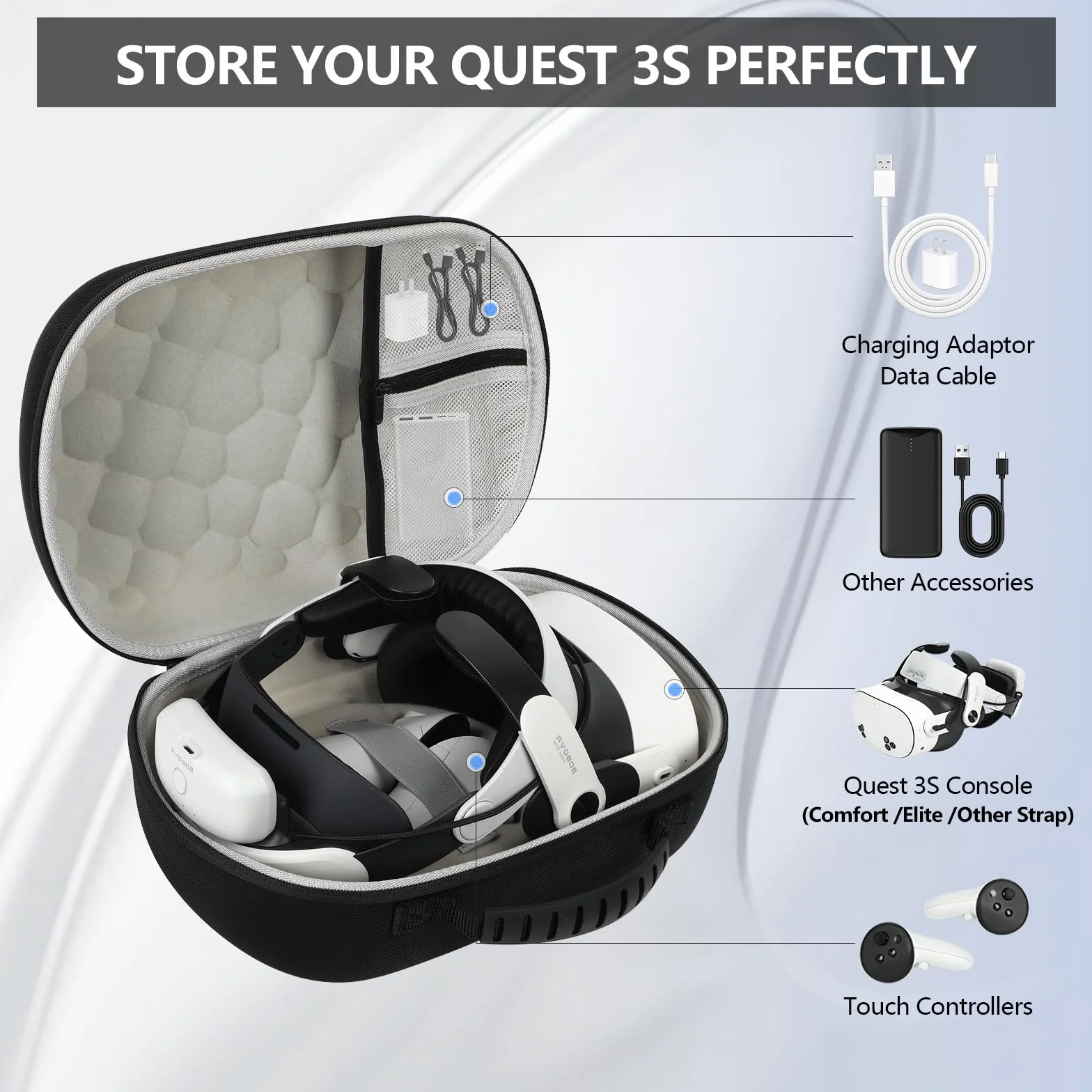Etui do MetaQuest 3S/3, przenośna torba podróżna z twardą skorupą do Quest 3S VR Gaming Headset kompatybilna z paskiem na głowę Bobovr M3 Pro Battery, z osłoną obiektywu