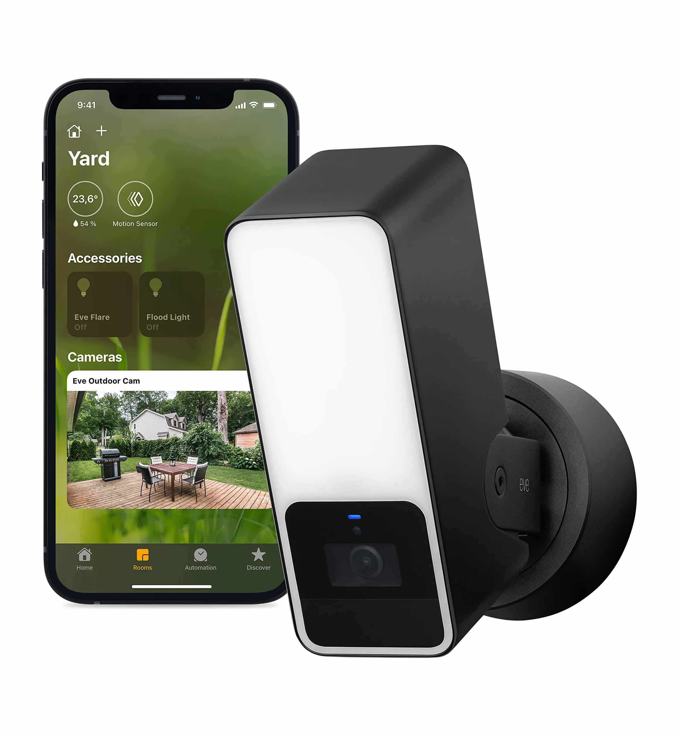 Eve Outdoor Cam - zewnętrzna kamera monitorująca z czujnikiem ruchu, reflektorem, noktowizorem, interkomem, elastyczną instalacją, WiFi, najwyższą ochroną danych dzięki Apple HomeKit Secure Video
